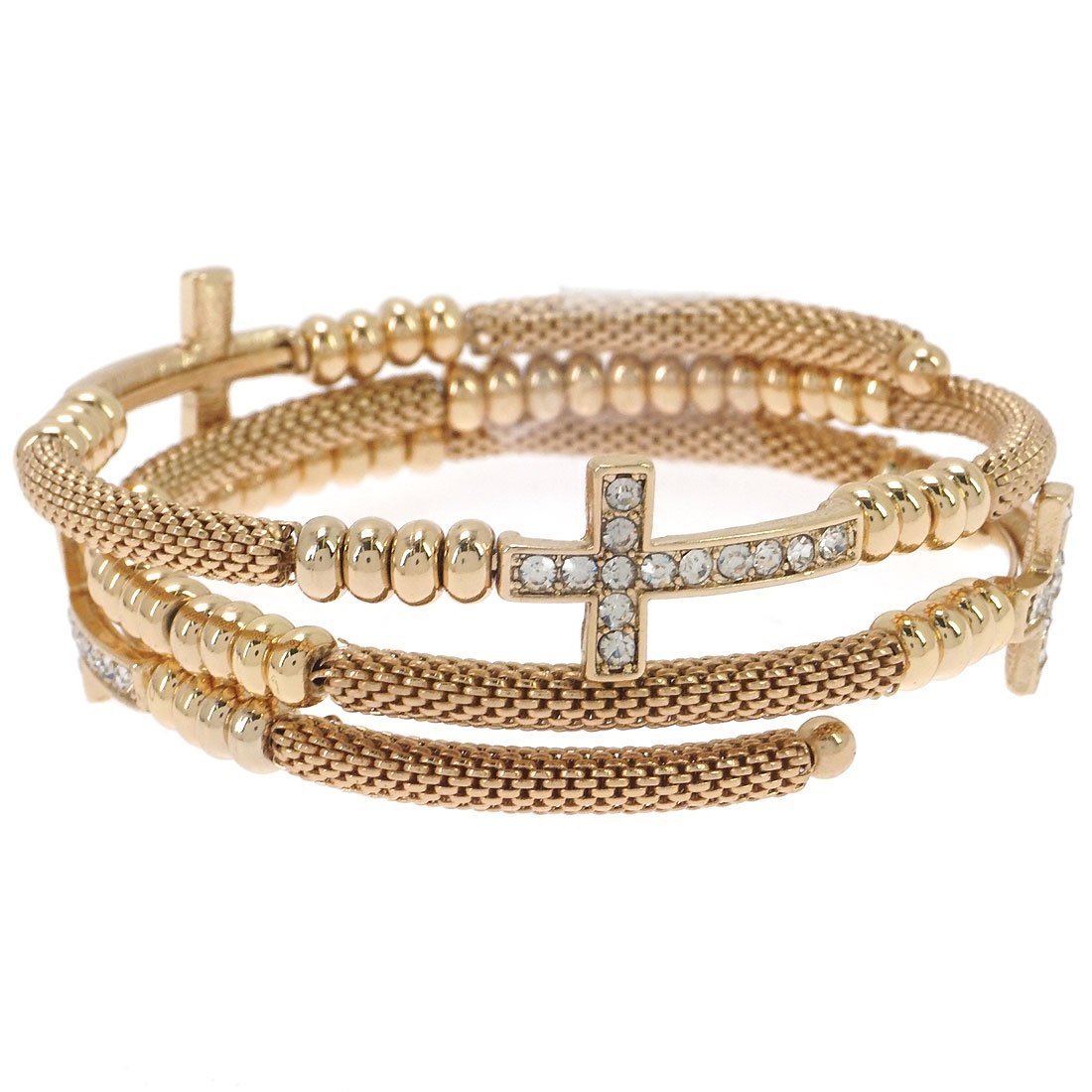 Glamorous Crystal Pave Cross Wrap Coil Mesh Bangle Bracelet