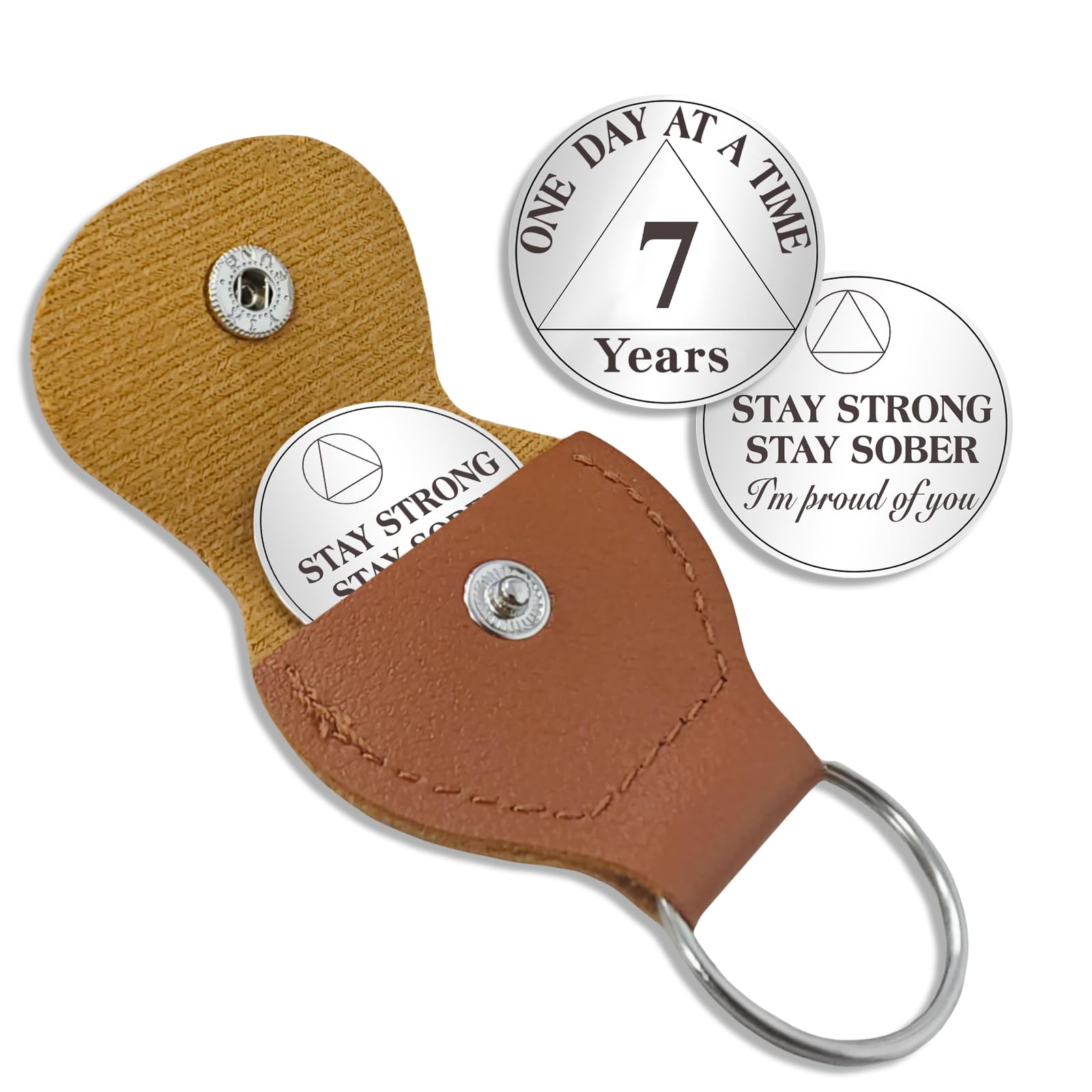 AtSKnSK 7 Year Sobriety Coin One Day at a Time AA Chips and Medallions with PU Leather Keychain Sobriety Gifts for Celebrating Alcoholics Anonymous Recovery Sobriety Gifts for Men Women