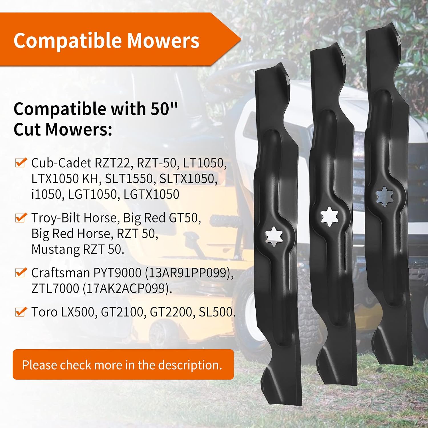 942-04053C Mower Blades Fit for Cub-Cad et RZT 50" Tractors, 742-04053 High Lift Blade Fit for Cub-Cad et Troy Bilt LT1050 LTX1050 50" Deck 742-04053A 742-04123, 942-04123, 3 Pack