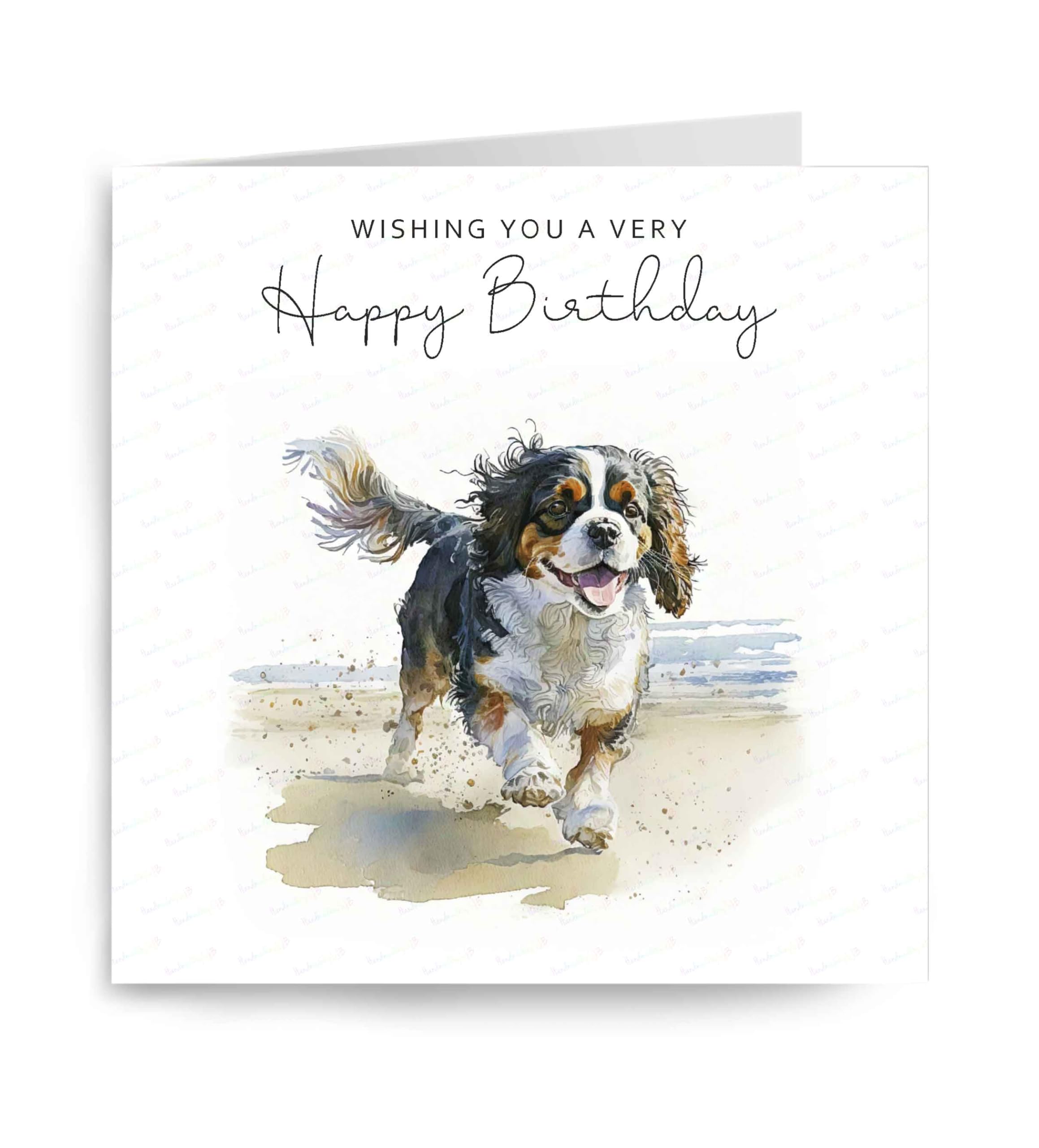 Cavalier King Charles Spaniel (Tri Colour) Birthday Card, Lovely Dog Beach Scene Greetings Card, Dog on the Beach Birthday Card, Seaside Birthday Card, 6" x 6", Blank Inside