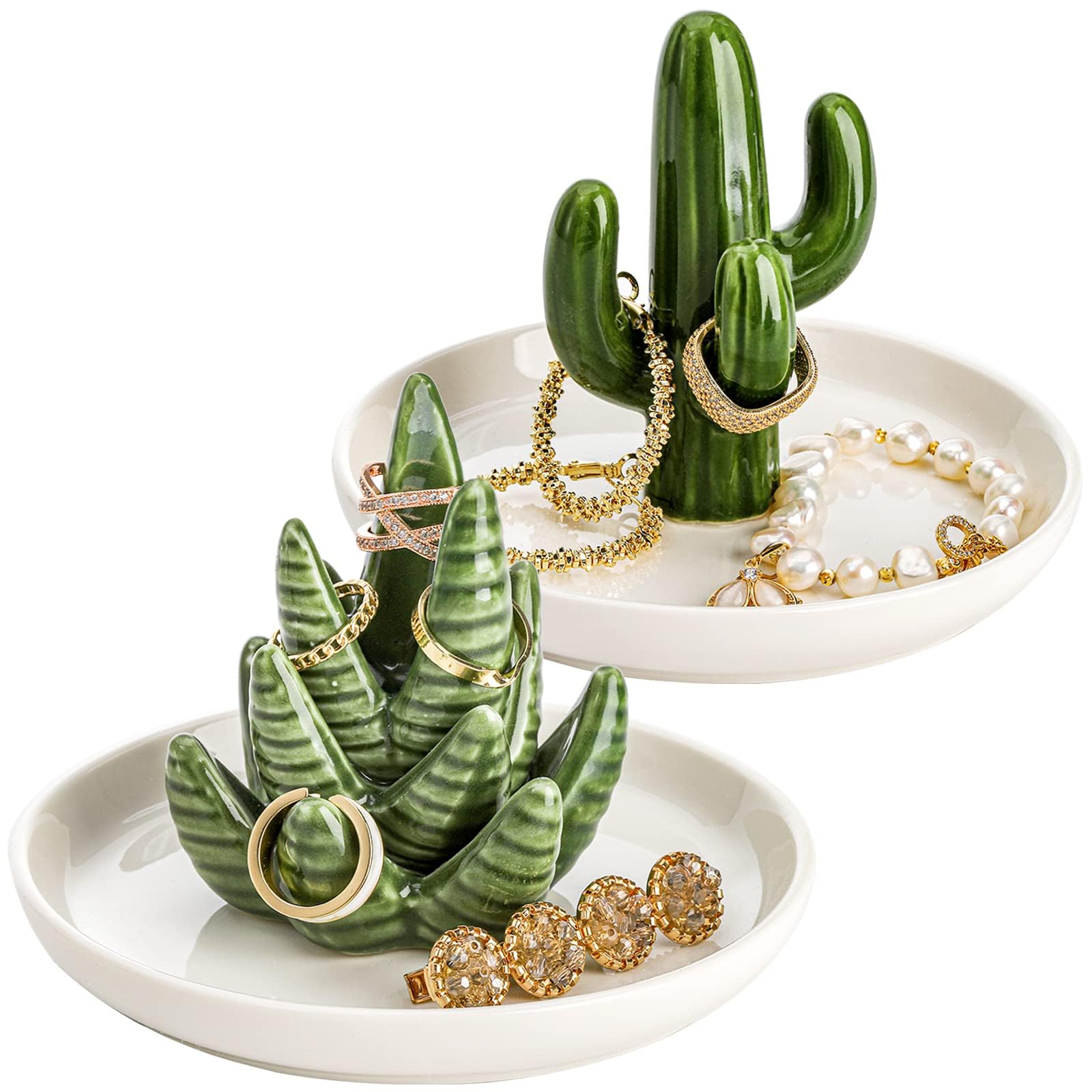 KASTWAVE Set of 2 Aloe and Cactus Ring Holder Dish, Ceramic Plant Jewelry Dish Bracelet Earrings Necklace Organizer Tray, Decorative Succulent Trinket Dish for Wedding, Birthday Gifts, Home Decor