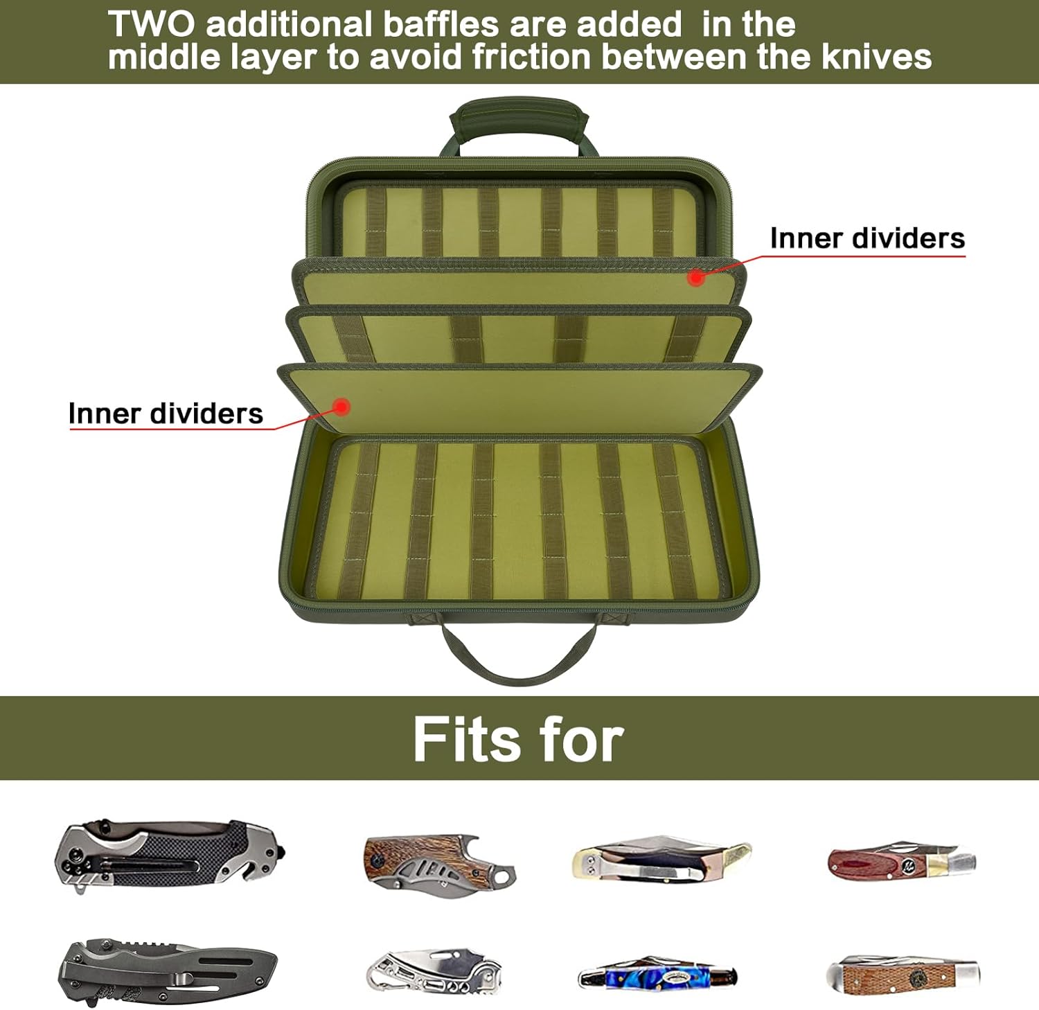casmilee Large Knife Display Case - 88 Slot Folding Knife Storage Bag for Pocket Knife Collection, Butterfly Knives, EDC, Tactical, Survival, Outdoor, Kitchen - Hard EVA Organizer Roll (Green)