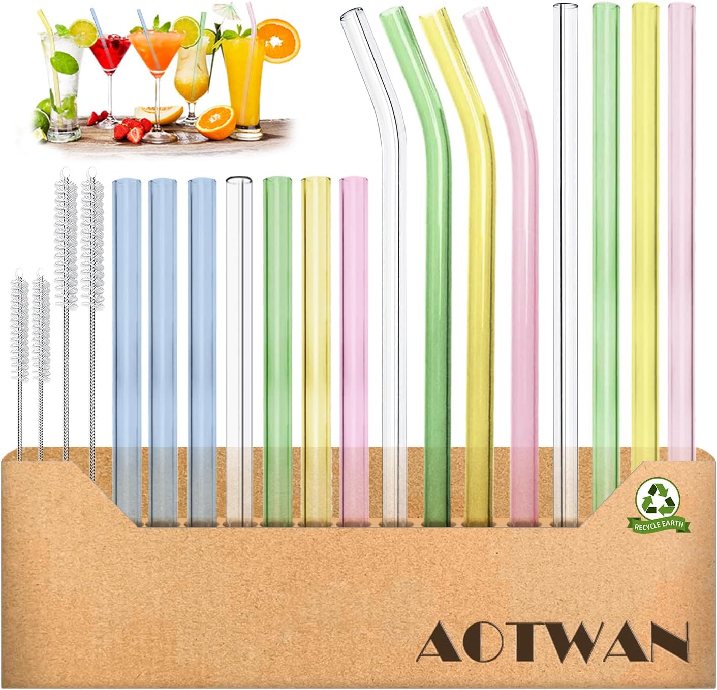 Glass Straws Drinking Reusable Colorful 19 Pack,Size 8.5''x10MM,8.5''x8MM and 6''x8MM,Glass Straws Shatter Resistant Including 11 Straight and 4 Bent with 4 Brushes,Reusable Straw for Cocktail