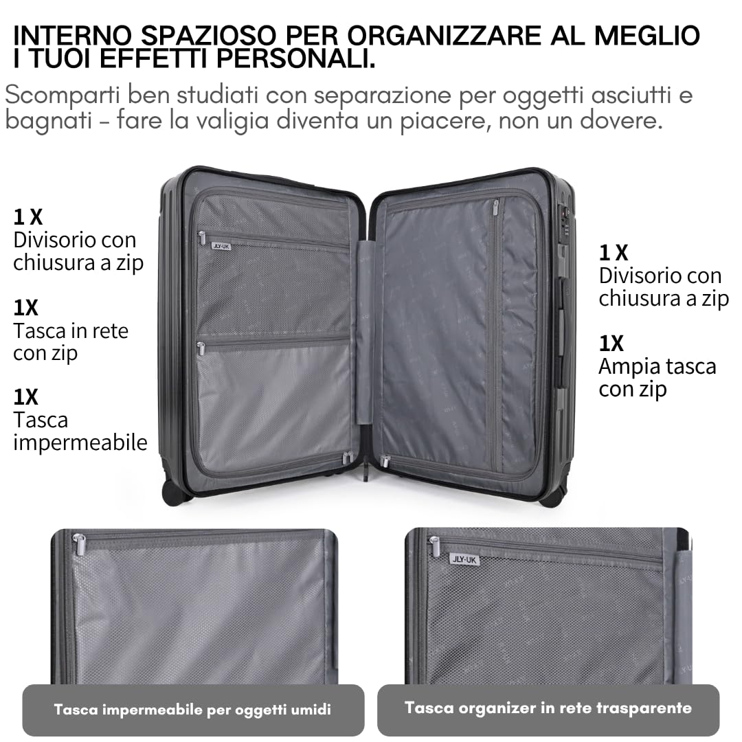 JLY Valigia Leggera Rigida con Ruote Girevoli a 360°, Chiusura TSA e Porta Bevande Integrata – Perfetta per Viaggi e Business