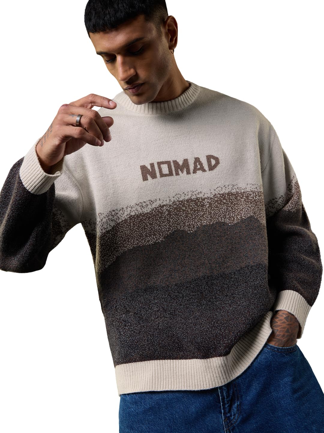 Nomad: Horizon Men and Boys Full Sleeves Round Neck Cream Gradient Acrylic Oversized Fit Lightweight Pullover Sweater-image-6