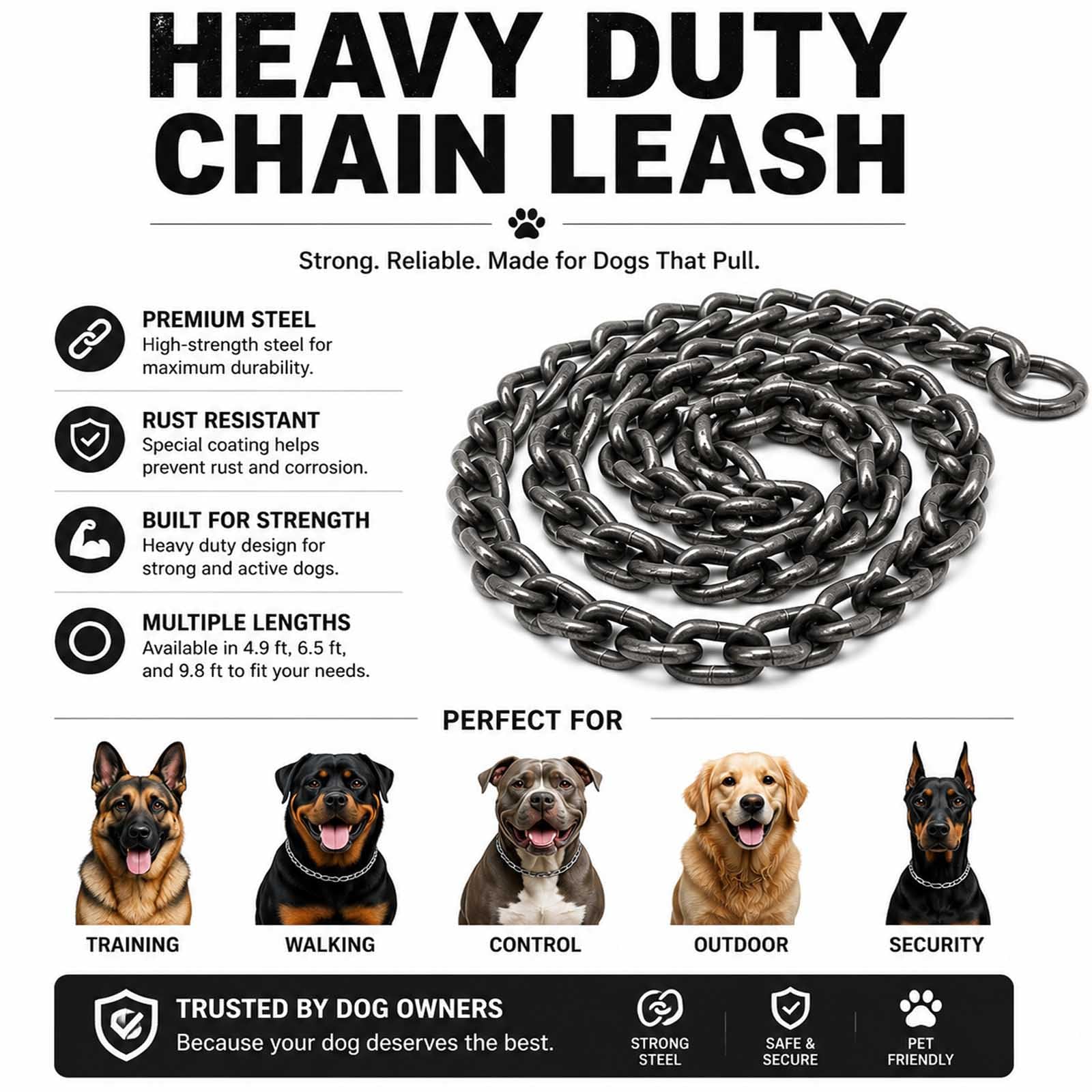Iron Paw Kettenleine – Leichte Kunststoffleine im Ketten Look für kleine Hunde & Katzen; täuschend echte Optik (wie Eisenkette) für Fotos & Spaziergänge; verstellbare Längen (Silver,M/1.5m)