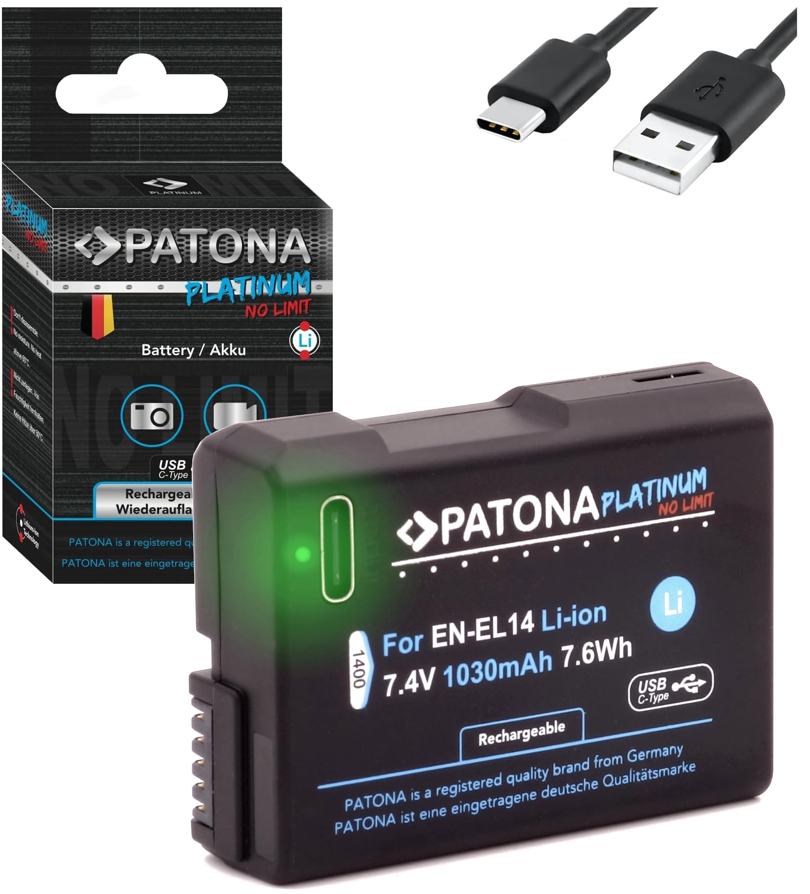 PATONA Platinum EN-EL14 EN-EL14a - Batería USB (1030 mAh, entrada USB-C directa, 1400)