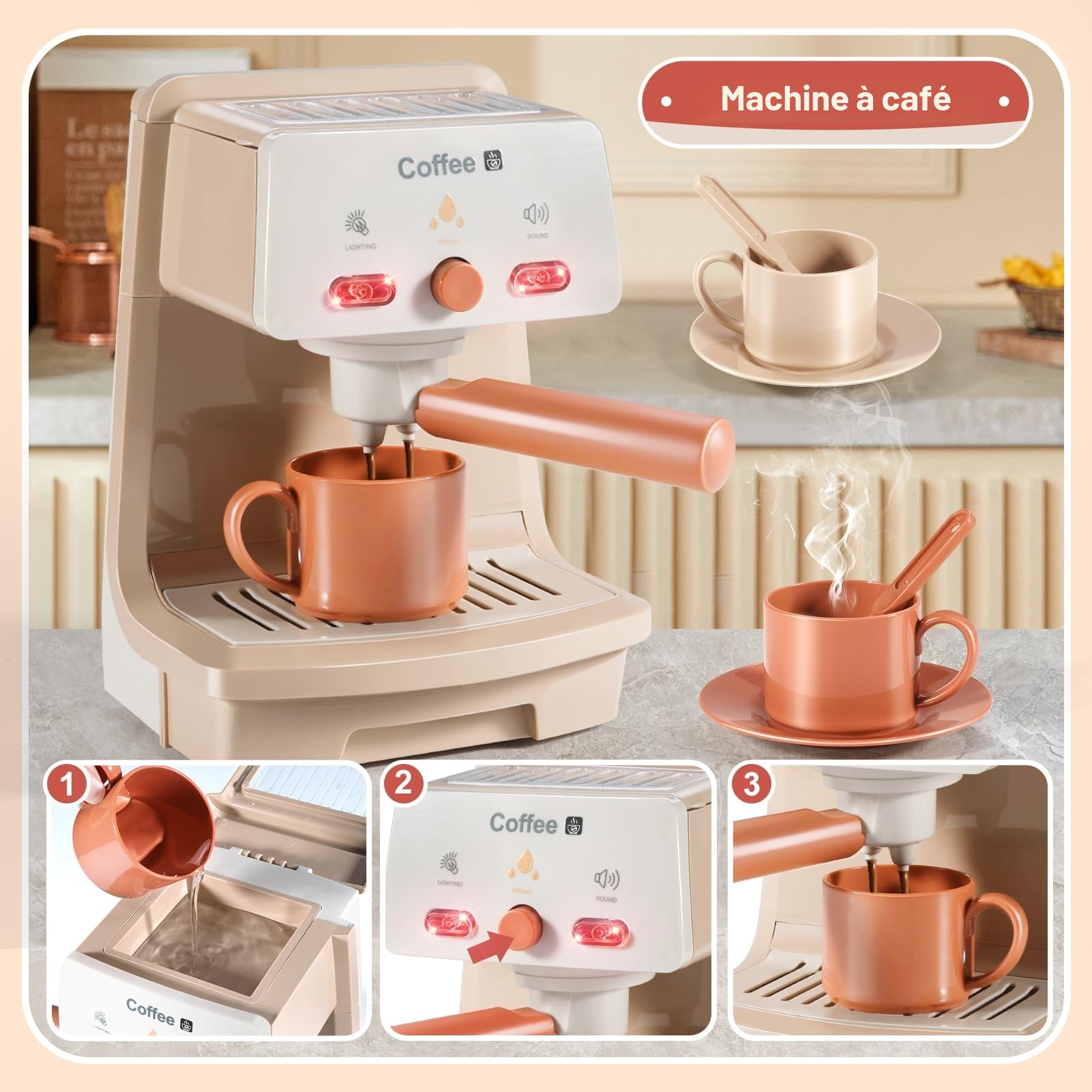 Kit Cuisine Enfant avec Accessoires, Blender, Machine à Pain, Tablier , Machine a Cafe , Jouet Enfant 3 Ans