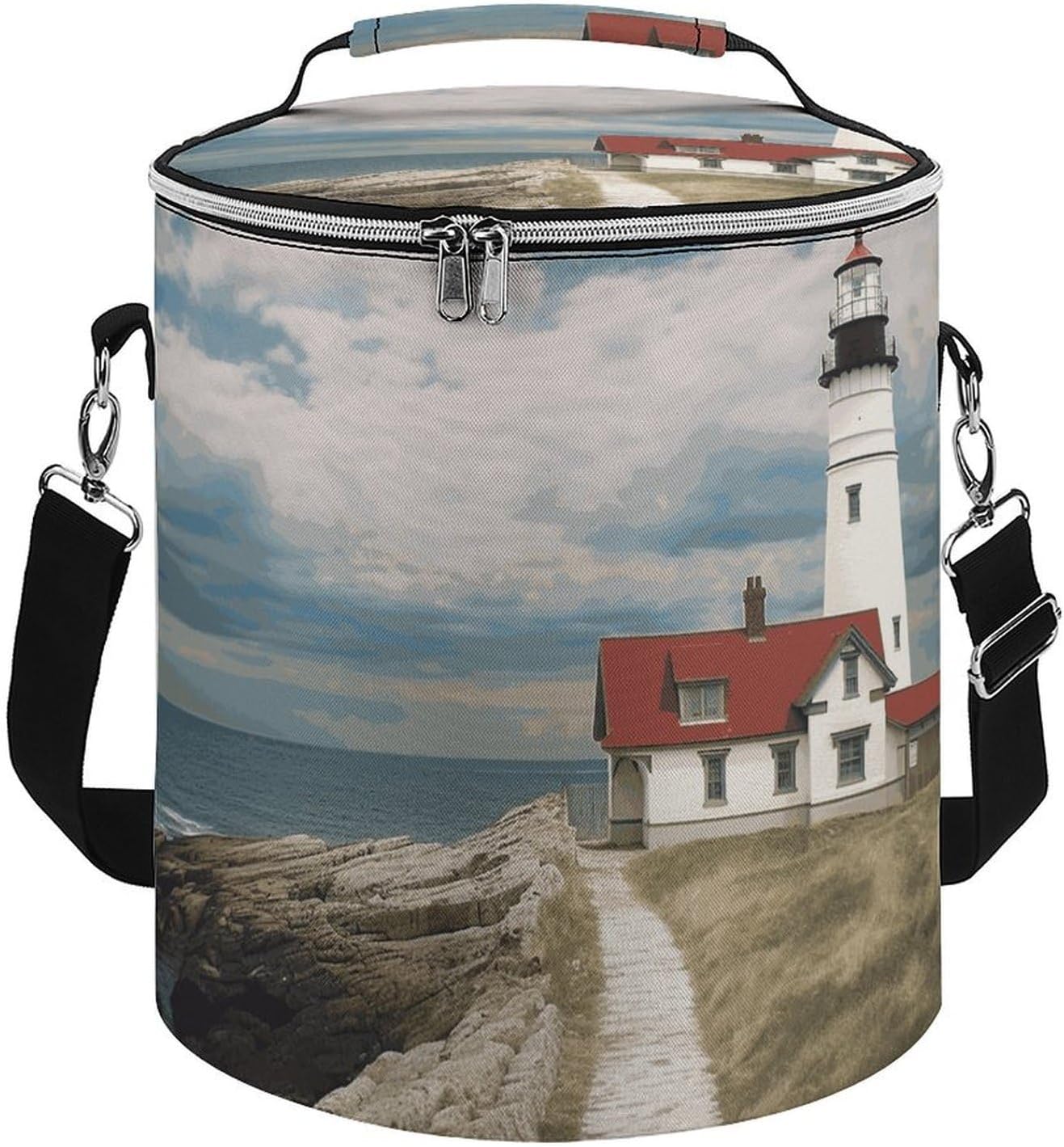 Lighthouse Backdrop Lunch Bag 15L, Insulated Picnic Basket with Leakproof Design - Large Cooler Tote for Camping, Beach, Hiking & Groceries