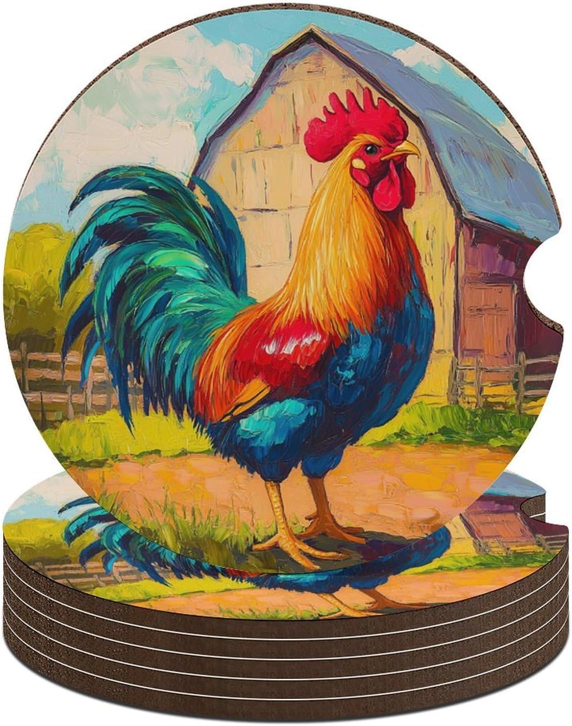 Rooster Barn Farmhouse Picture Cute Car Coasters 2.56 Inch Absorbent Cup Holder for Drinks Auto Interior Accessories