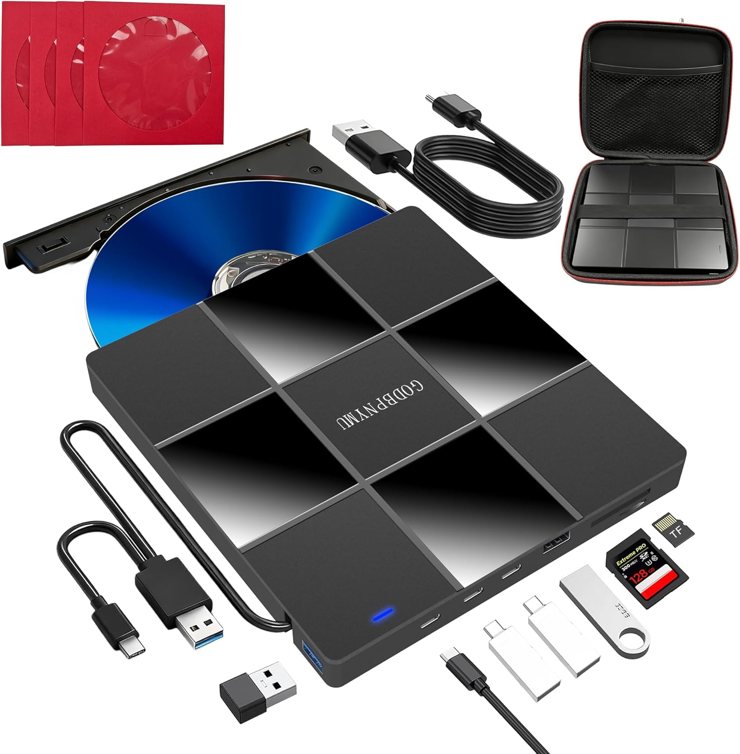 5-in-1 USB C External DVD Drive with SD/TF Card Reader and 2*USB Compatible for MacBook Pro/Air, Dell, HP, Lenovo Laptops, Ultra Slim (2in1)