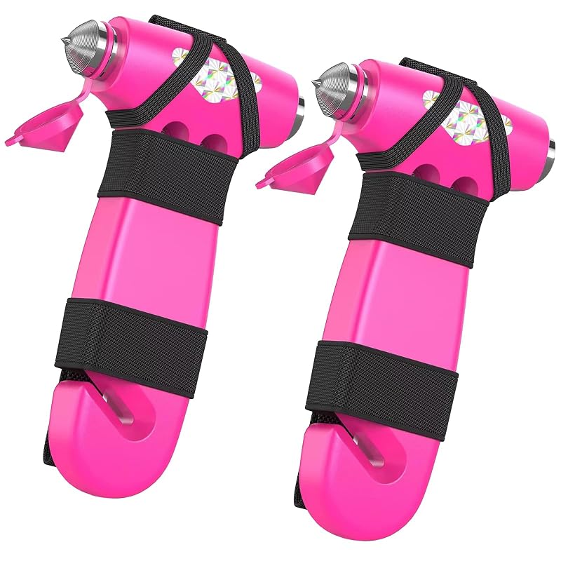 Kit com 2 martelos de segurança automotiva 3 em 1 BSUXMAFG com quebra-vidro e cortador de cinto, rosa