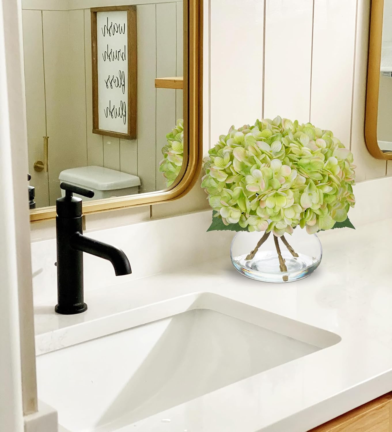 Hollyone Hydrangea Artificial Flowers with Glass Vase Green Silk Faux Flowers Arrangements in Vase with Faux Water Fake Floral Bulk Bouquet for Home Decor Table Centerpiece Decorations - Image 3