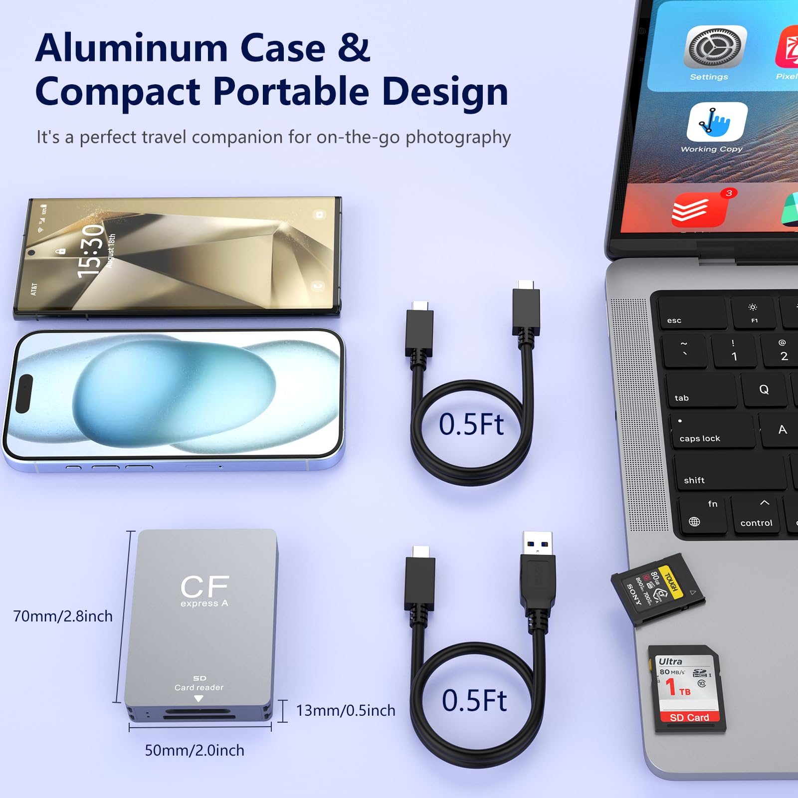 Lecteur de Carte CFexpress Type B & SD 2 en 1, Lecteur de Carte Mémoire CF Express Type B de USB 3.1 (Gen 2) 10Gpbs Aluminium CFexpress Type B & SD Carte Adaptateur pour Windows/Mac/Linux/Android
