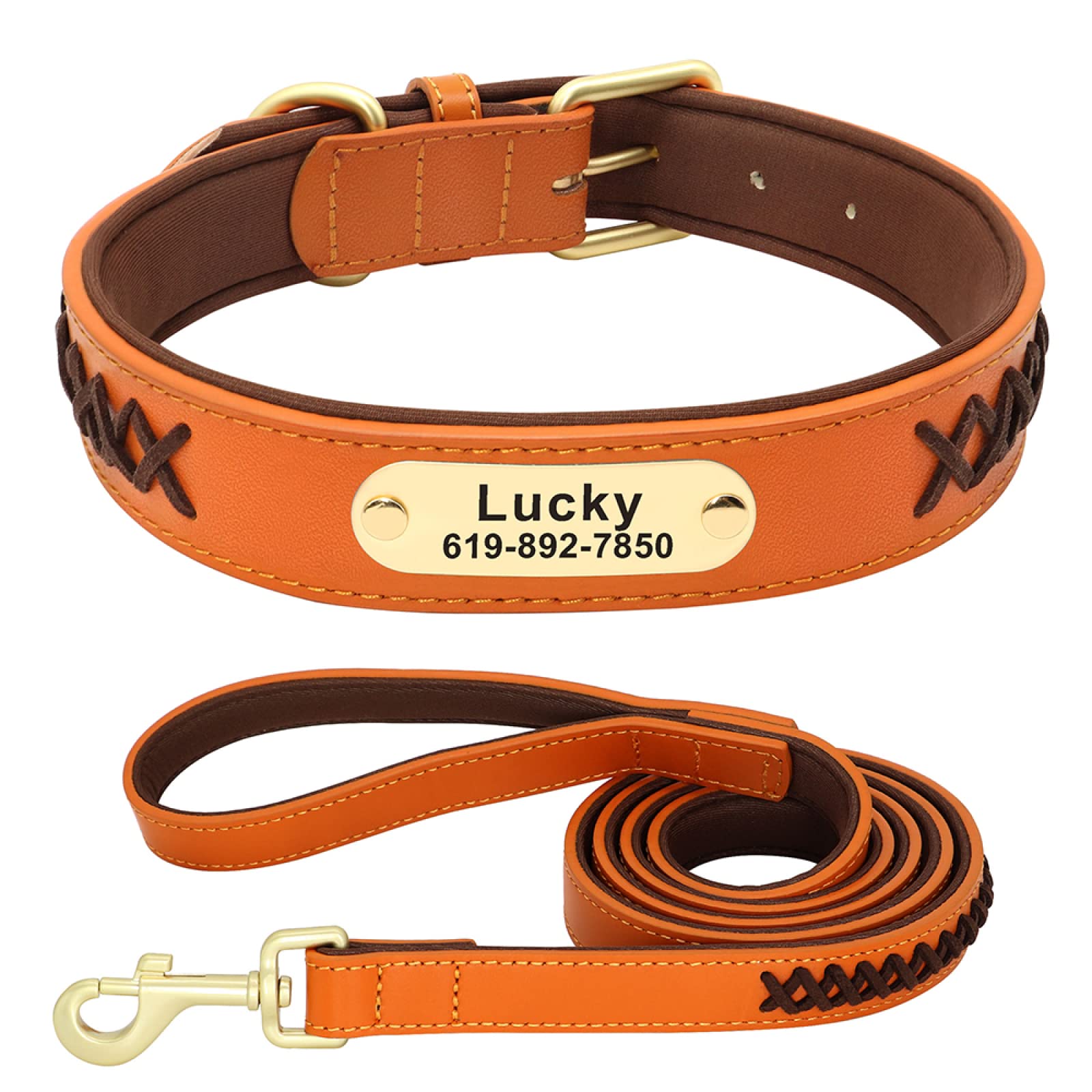 Ensemble De Laisse De Collier De Chien Personnalisé Tressé en Cuir Véritable Colliers pour Animaux De Compagnie Corde De Plomb De Marche Douce Réglable pour Les Petits Grands Chiens,Service