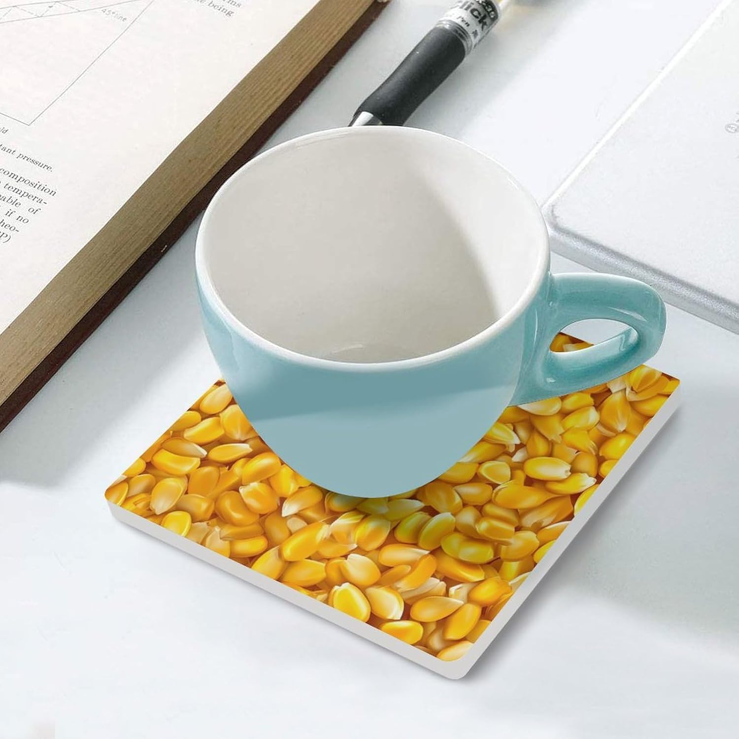 Corn Kernels Funny Ceramic Coasters for Drinks Absorbent Cup Holder Tabletop Protector with Cork Base