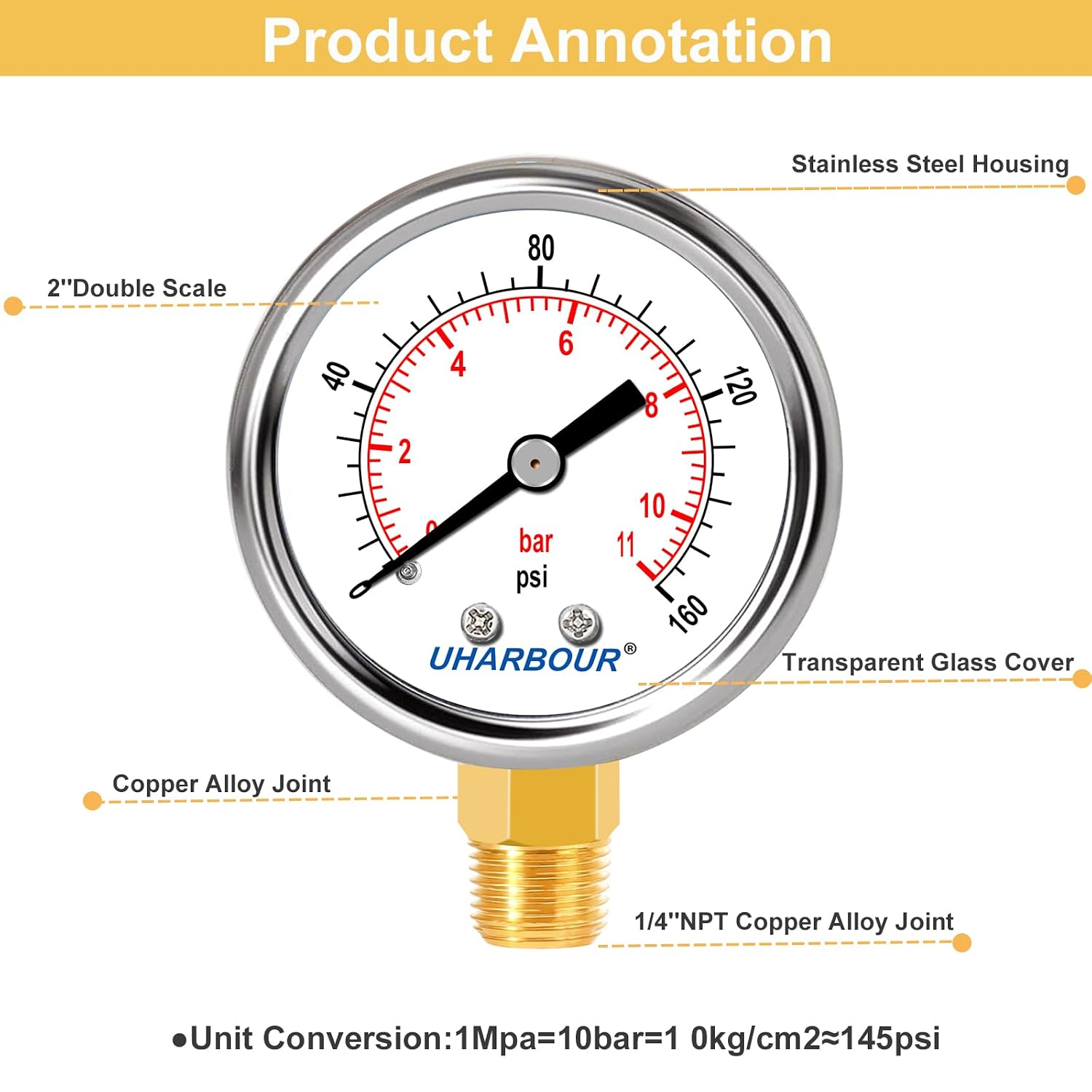 UHARBOUR Lead-Free Pressure Gauge 0-160 PSI - 1/4" NPT Lower Mount, 2 Inch Dial, Stainless Steel Case For Water, Air, RV
