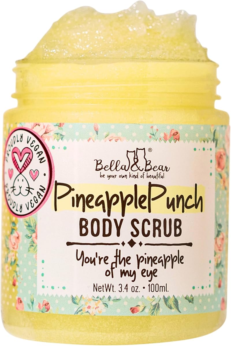 Bella & Bear Pineapple Body Scrub Exfoliator – Vegan Sugar Scrub, Travel Size 3.4 oz, Fresh Pineapple Scent