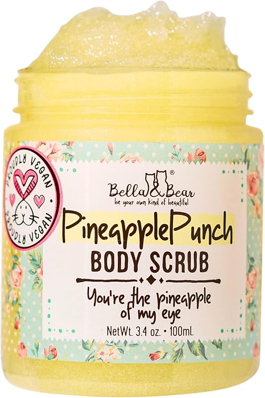 Bella & Bear Pineapple Body Scrub Exfoliator – Vegan Sugar Scrub, Travel Size 3.4 oz, Fresh Pineapple Scent