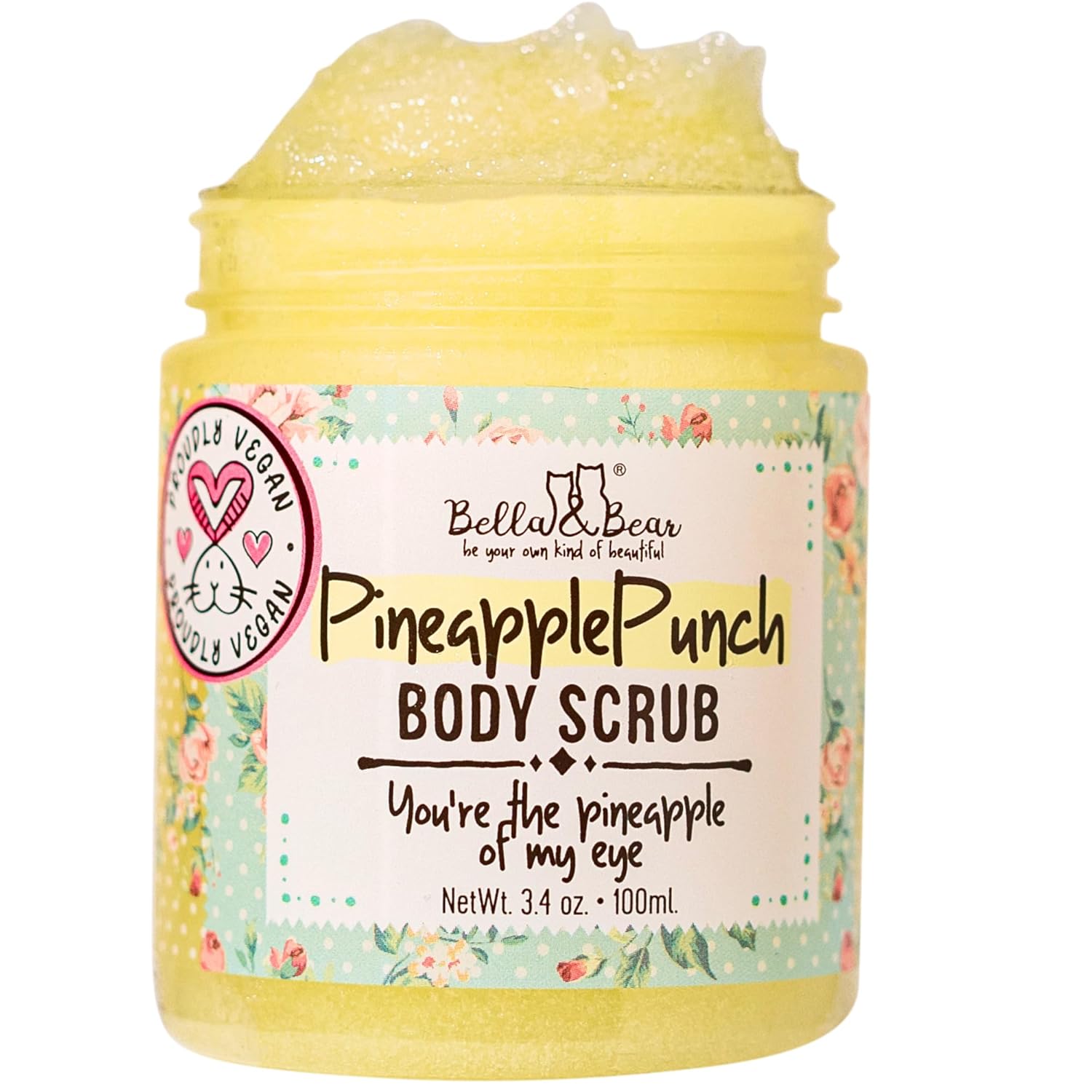 Bella & Bear Pineapple Vegan Sugar Body Scrub Exfoliator - Travel Size 3.4oz, Tropical Scent for Soft, Smooth Skin