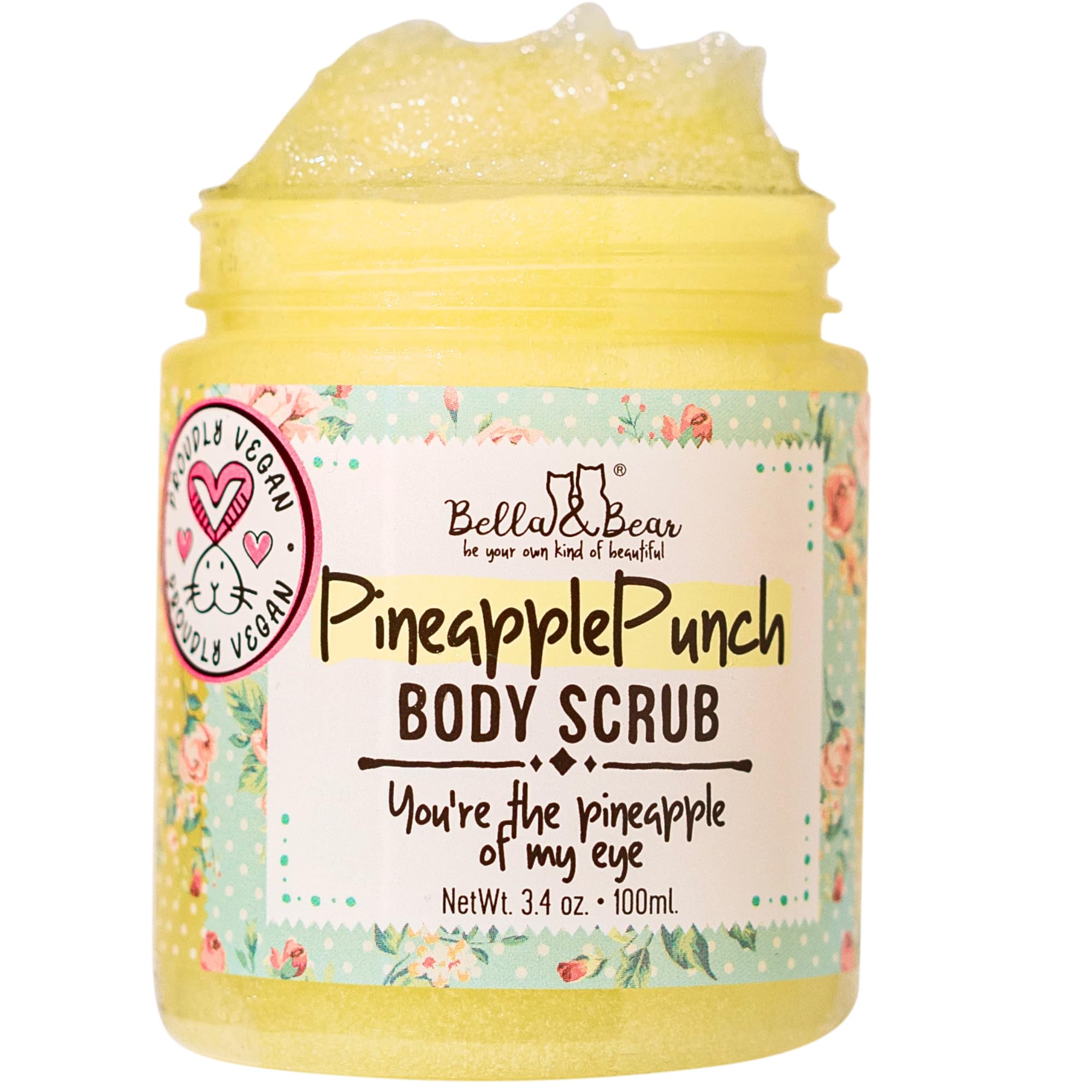 Bella & Bear Pineapple Body Scrub Exfoliator – Vegan Sugar Scrub, Travel Size 3.4 oz, Fresh Pineapple Scent