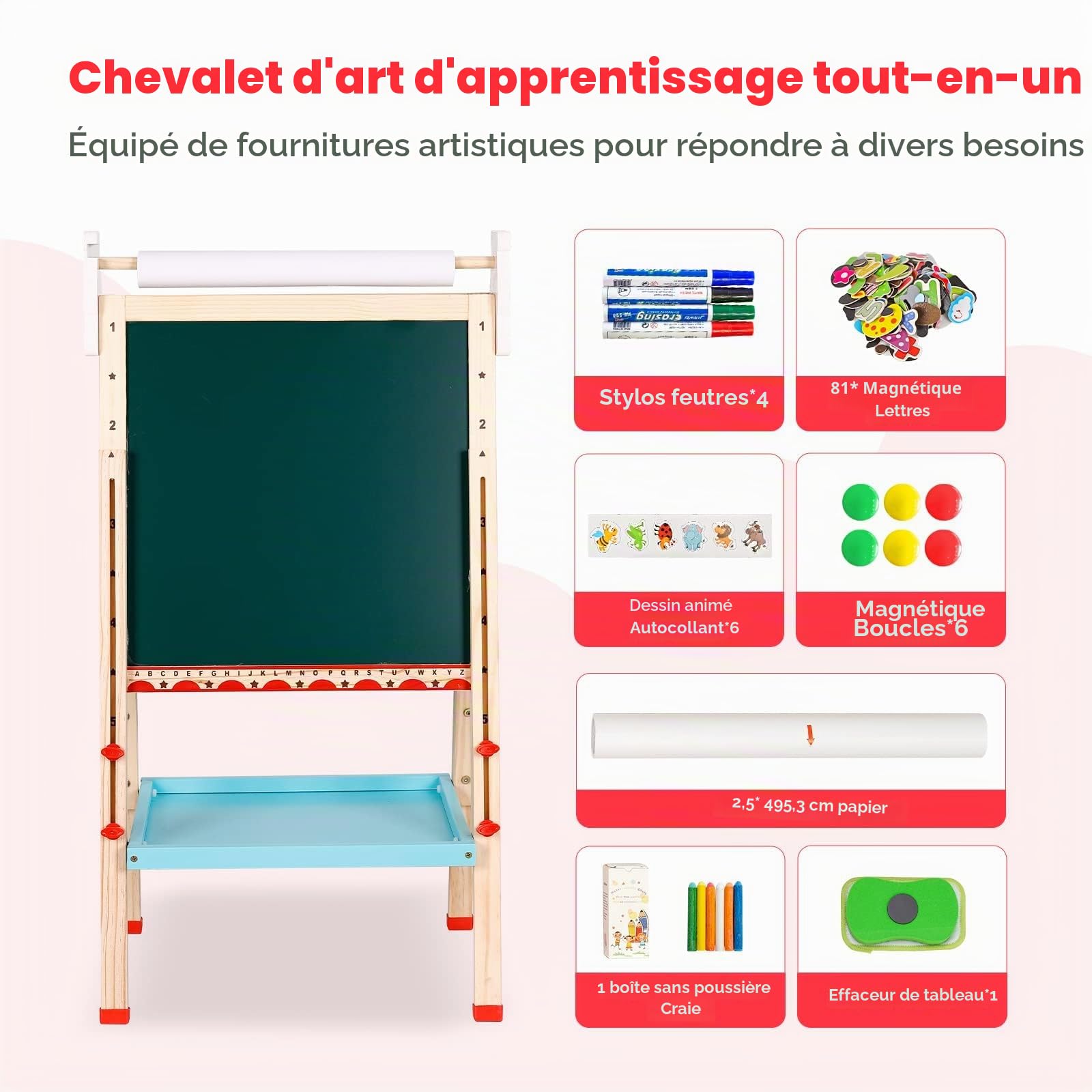 Chevalet Peinture Enfant,Tableau Double Face Tableau Blanc et Noir en Bois et Hauteur Réglable,Chevalet Pour Enfant avec Chiffres et Autres Accessoires Jouets Éducatifs Cadeaux Enfants 2 à 8 Ans