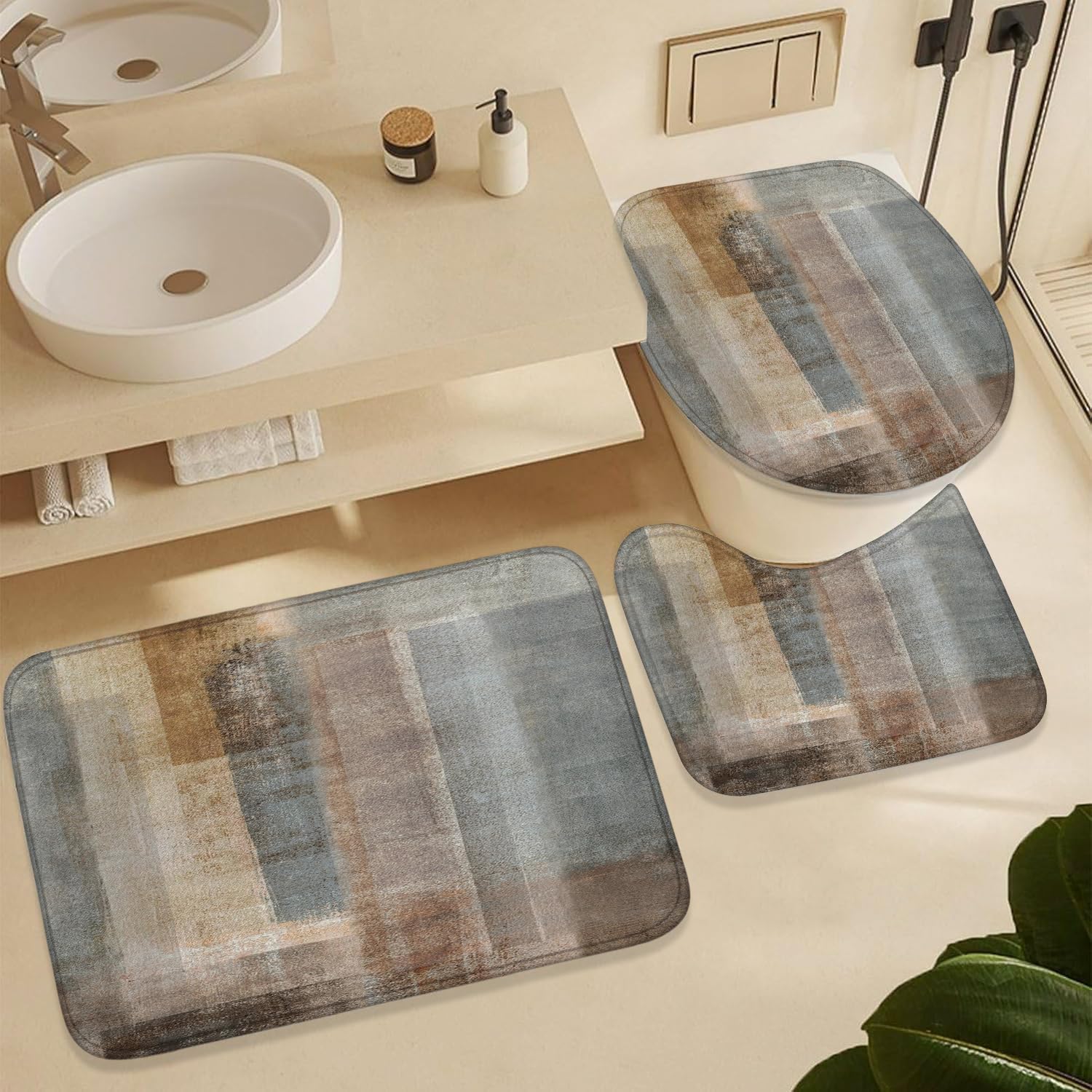 4Pcs Shower Curtain Set, Brown Grey Rustic Vintage Farmhouse Bathroom Shower Curtain with Rugs and Accessories,with Non-Slip Rugs, Toilet Lid Cover and Bath Mat for Bathroom Decor Set