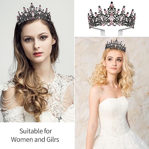 Miniatura 60 de Velscrun Corona de tiara de reina de cristal rosa para mujeres y niñas, diadema de reina de cumpleaños, elegante corona de princesa con peinetas