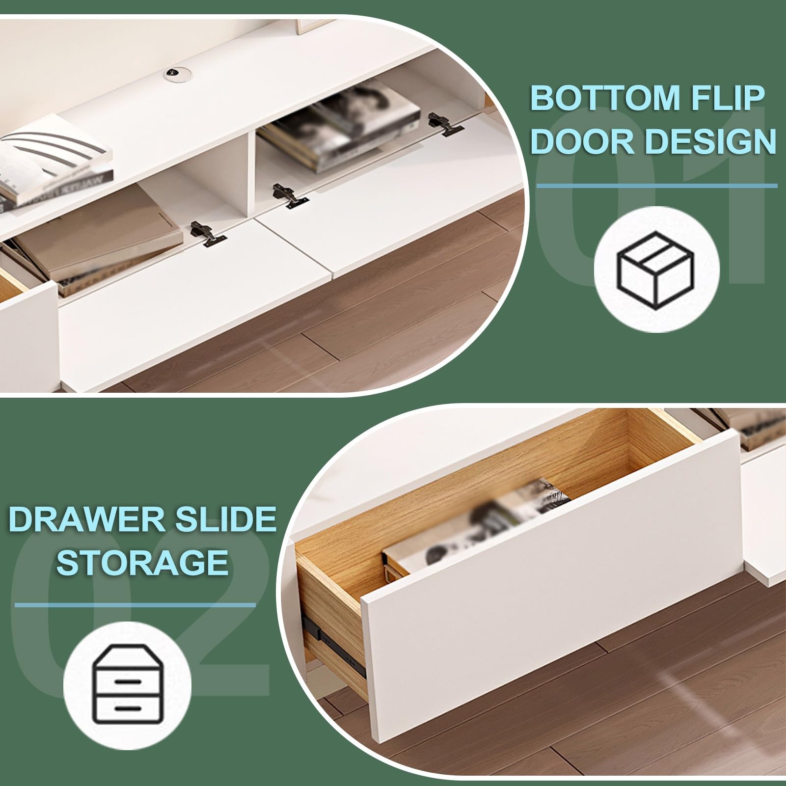 weiß TV Hängeboard Schwebend,Fernsehschrank 140cm lang,TV Lowboard mit 2 Schubladen,Keine Montage erforderlich,Moderner Fernsehtisch mit Stauraum,für Schlafzimmer und Büro