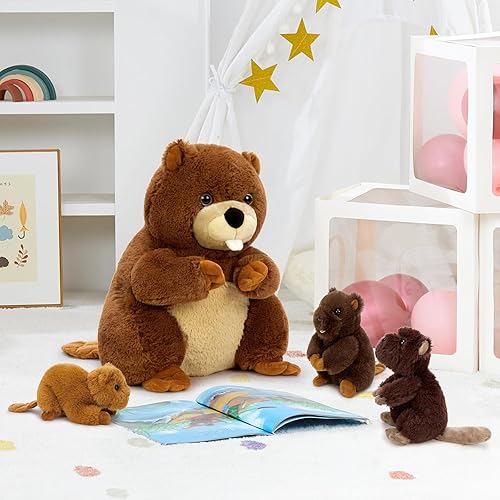 Miniatura 8 de MaoGoLan 4 animales de peluche de castor con tres bebés en el interior, regalo de felpa de castor gigante esponjoso de 17.7 pulgadas, divertidos