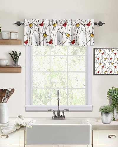 Miniatura 5 de Cenefa de Navidad para ventanas, pájaros en un árbol, cortina de cocina, cenefas con bolsillo para barra, cortina de ventana de pájaro amarillo y