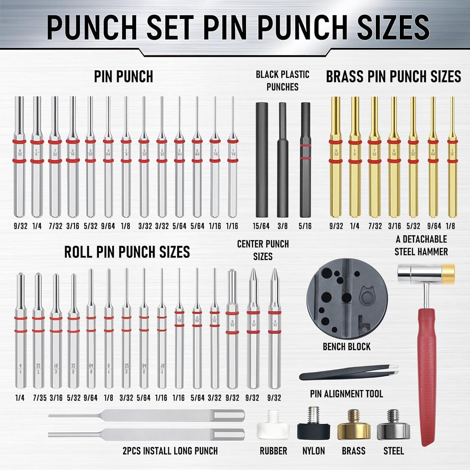 Pin Punch Set, 40PCS Steel and Brass, Mechanical Repair Tool with Hammer, Bench Block