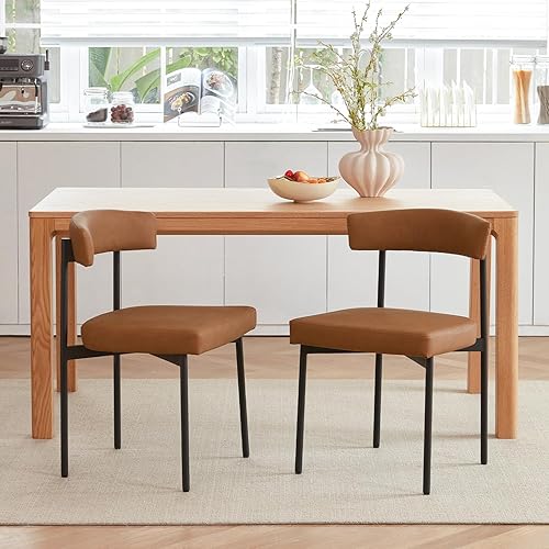 Miniatura 3 de Juego de 2 sillas de comedor de piel sintética marrón, silla de cocina tapizada sin brazos, moderna silla de comedor con respaldo curvado