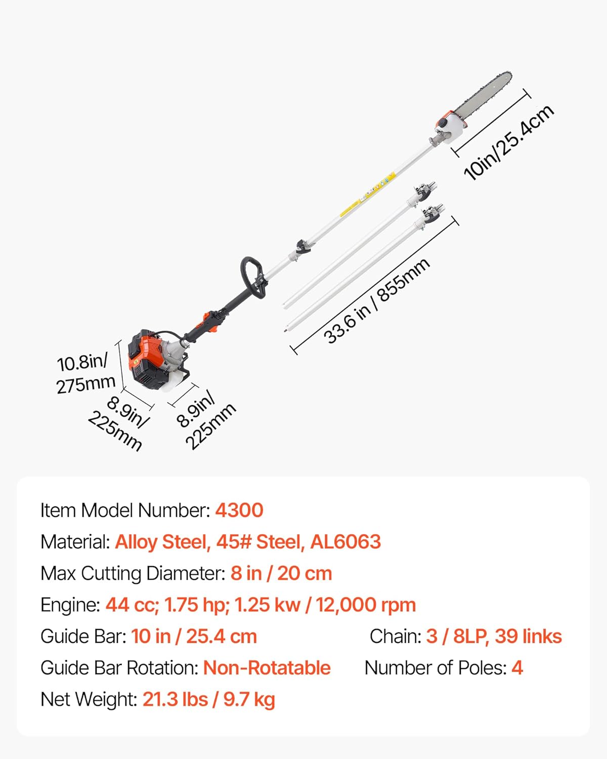 VEVOR Gas Pole Saw, 43CC 2 Stroke Gas Powered Pole Saws with 10 in Cutting Bar, Cordless Tree Trimmer with 30 fl.oz Fuel Tank, 6.8 to 11.7 ft Extendable, Powerful Chainsaw for Tree Trimming Pruning