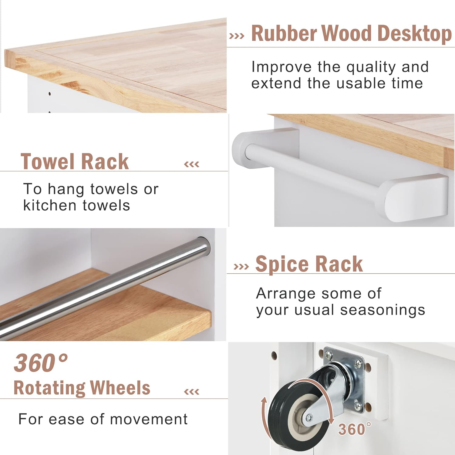 Kitchen Cart Rolling Mobile Kitchen Island Solid Wood Top, Kitchen Cart with 2 Drawers,Tableware Cabinet,Spice Rack,Wine Rack, for Dinning Room (White)