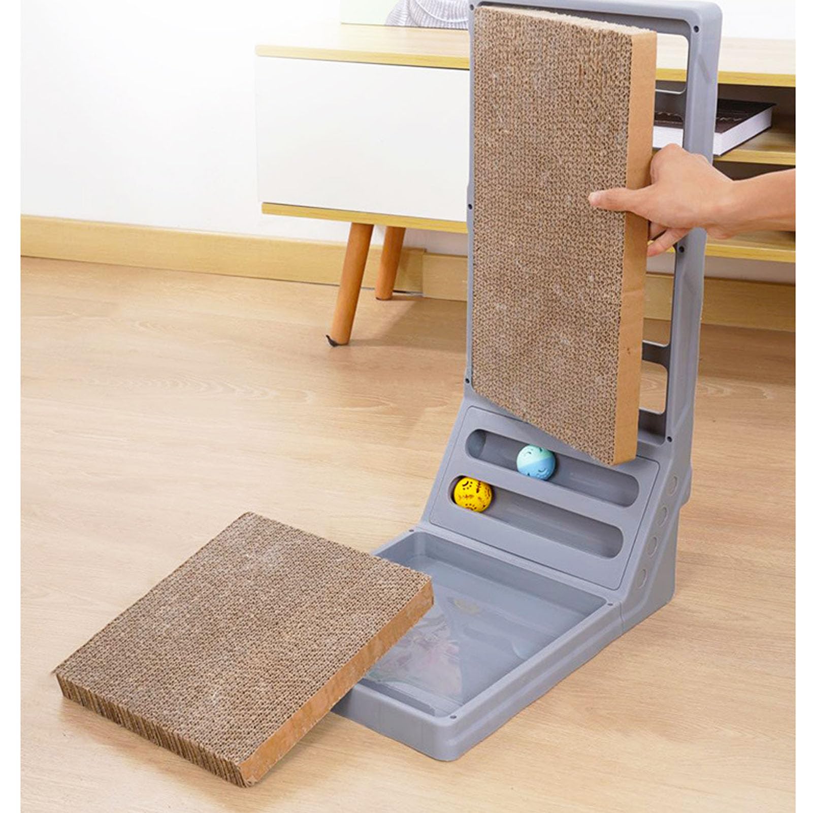 Rascador Vertical de cartón en Forma de L, 23.62 Pulgadas, con Bolas de Hierba gatera incorporadas, rascador de cartón con Bola para Gatos de Interior, tamaño Grande (Grey)
