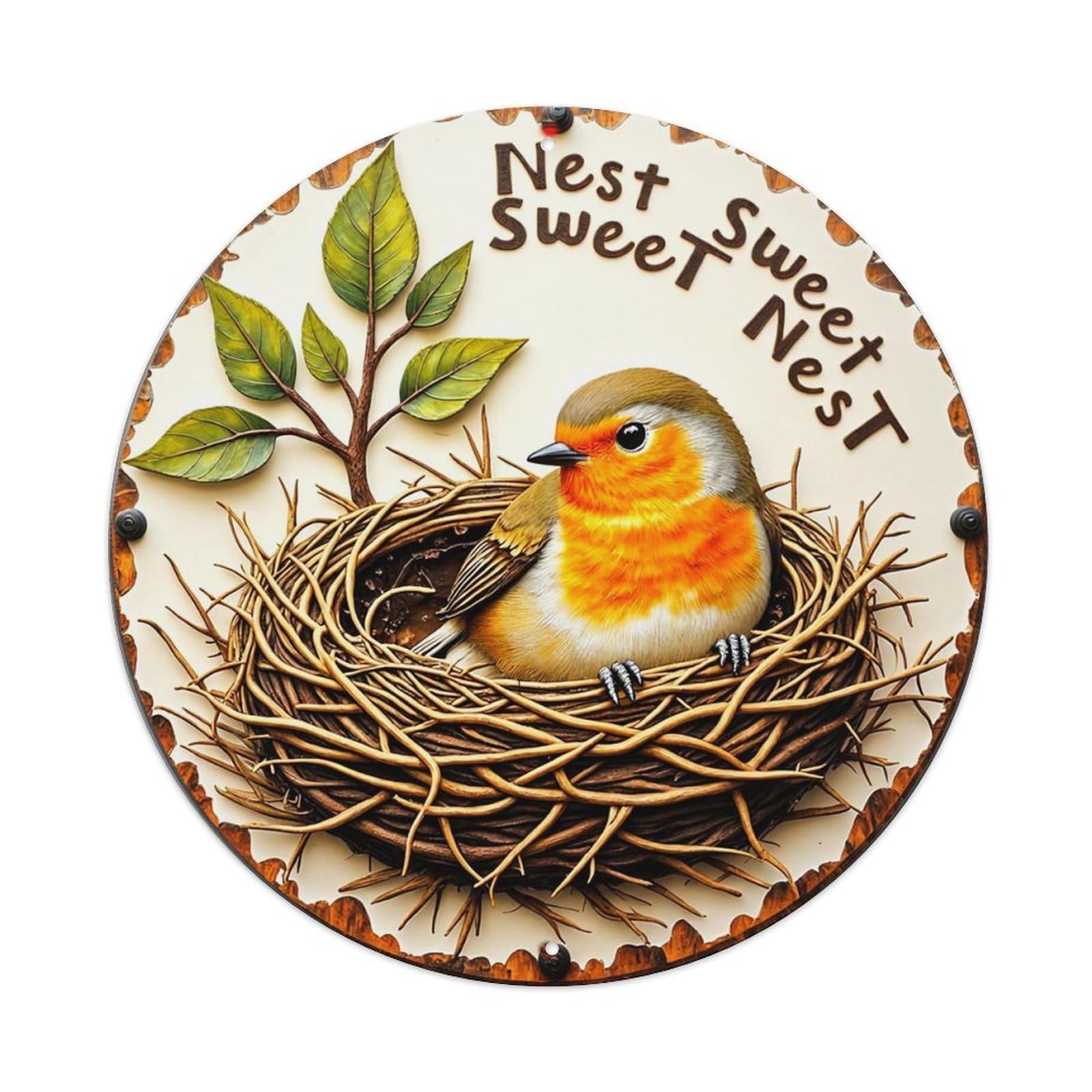 Nest Sweet Nest Bird Nest Retro Metal Sign Round Tin Sign, Vintage Decor Art Poster for Bar, Home, Man Cave, Kitchen, Laundry Room Gift 8x8Inch