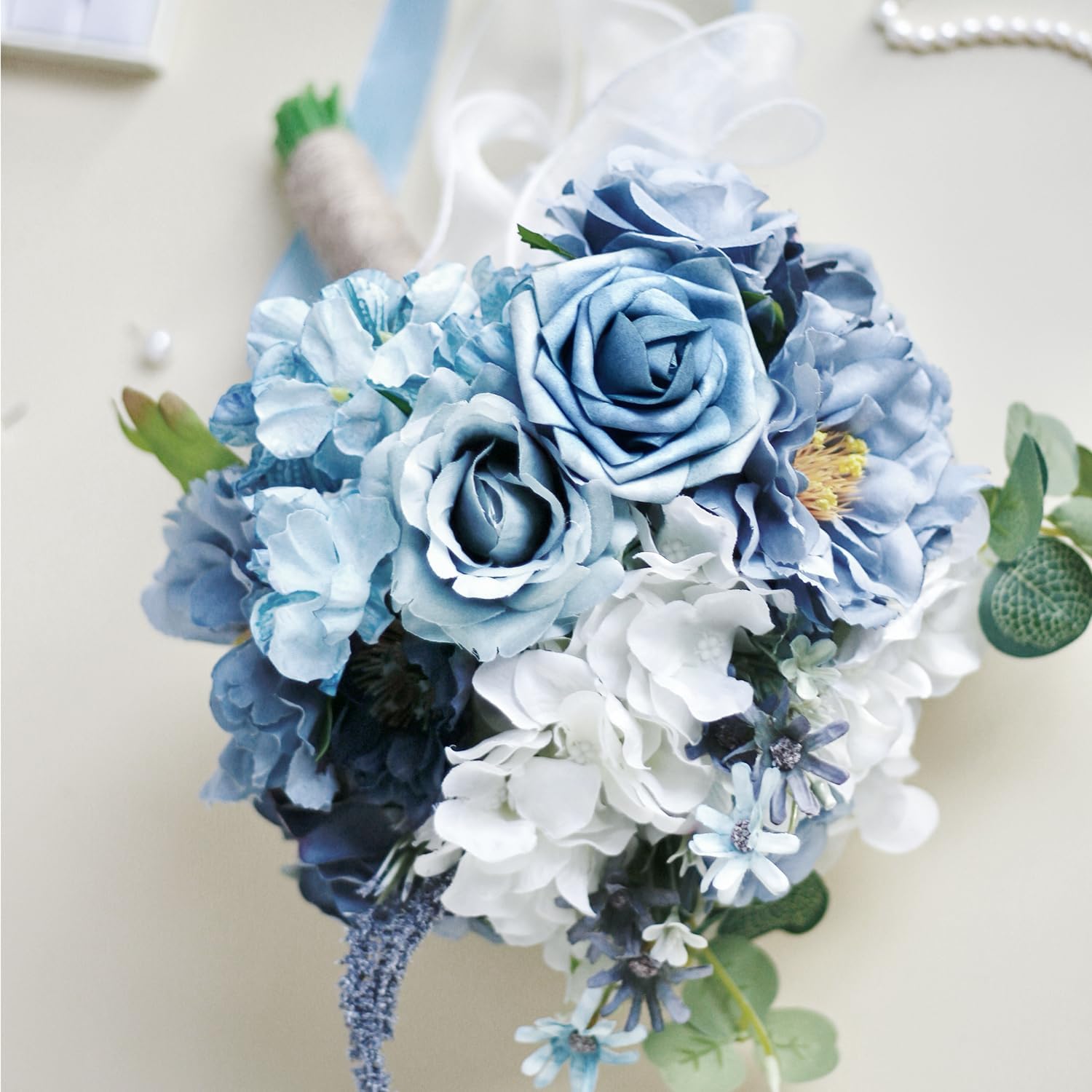 Dusty Blue Wedding Bouquets for Bride Bridesmaid,White Navy Blue Artificial Fake Silk Roses Flowers Bridal Bouquets for Wedding Boho Rustic French Vintage Church Decoration Toss Bouquet (8.6in(M)) - Image 4