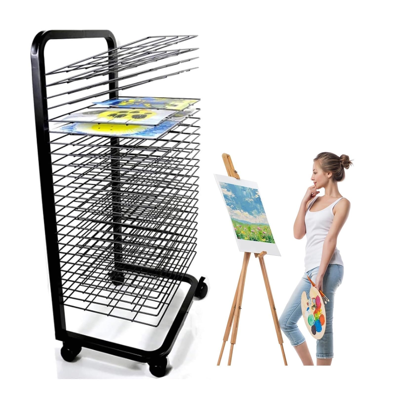 Aioneer Mobile Paint Drying Rack, Art Drying Rack For Classroom Canvas Storage, Wall Art Storage Drying Rack With Wheels, For Classrooms And Studios,35,layer