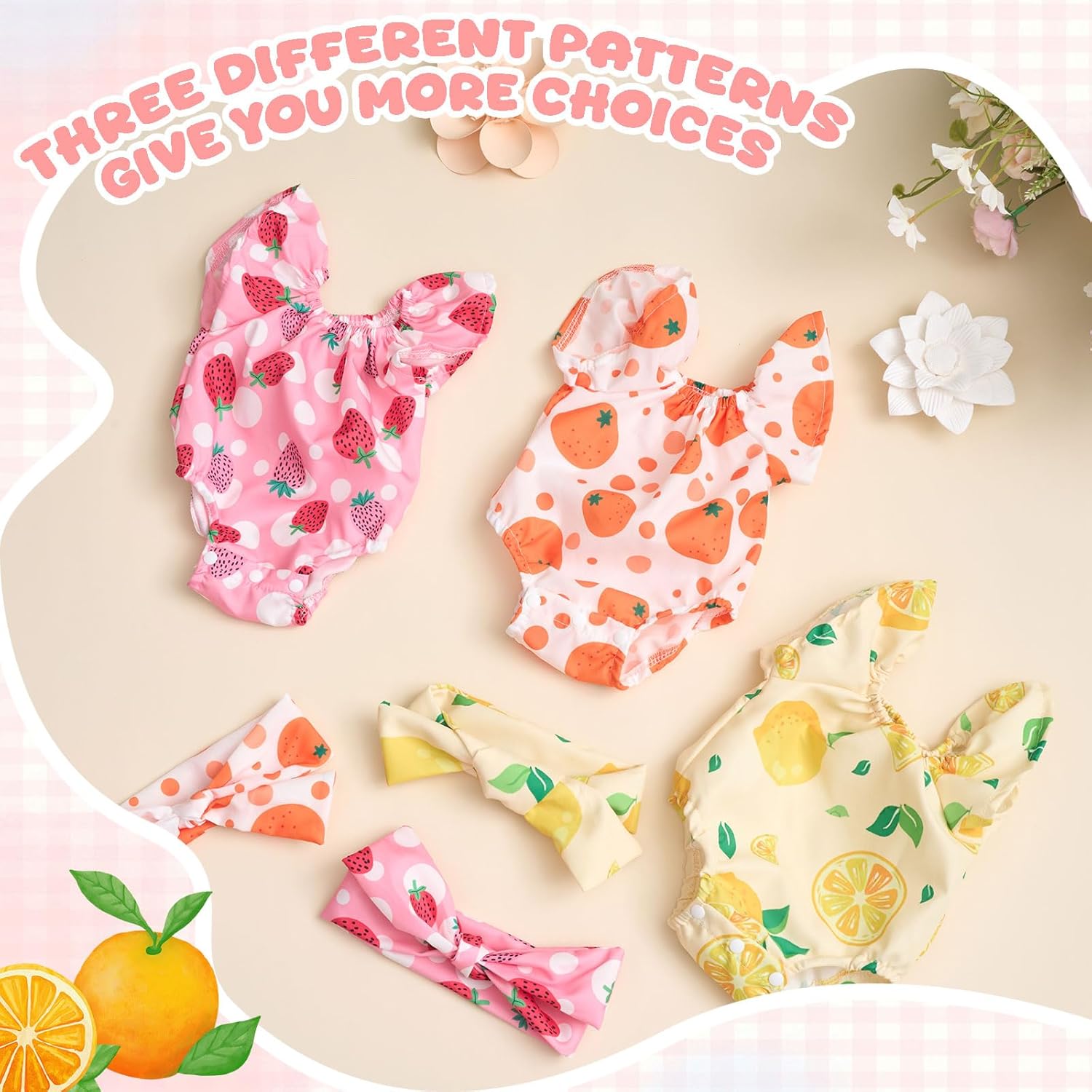 3 Set Reborn Baby Doll Clothes Set for 17-22 Inch Colorful Babydolls Clothes Outfits Realistic Babydolls Cute Strawberry Fruit Pattern Dress Accessories with Headband Bulk for Girl Dress up