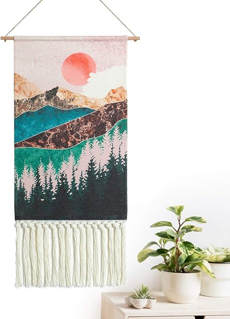 Dremisland Woven Macrame Wall Hanging Sunset Mountain Wall Tapestry Psychedelic Nature Landscape Boho Tassels Banner Canvas Wall Art Home Decor Ornament Craft Gift(Sunset)