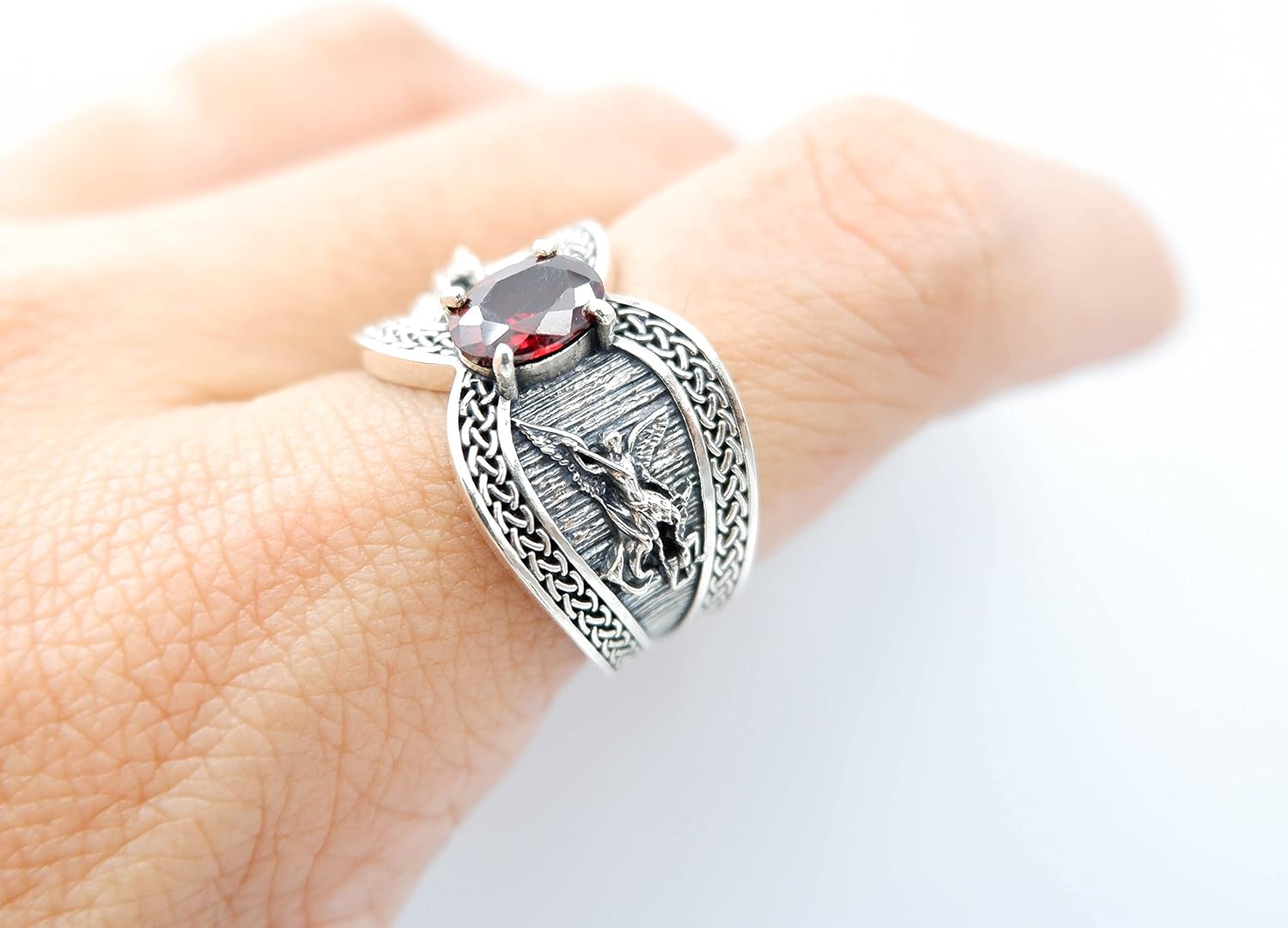 925 Sterling Silver CZ Red Stone Saint Michael Catholic Amulet Rings for Men and Women…