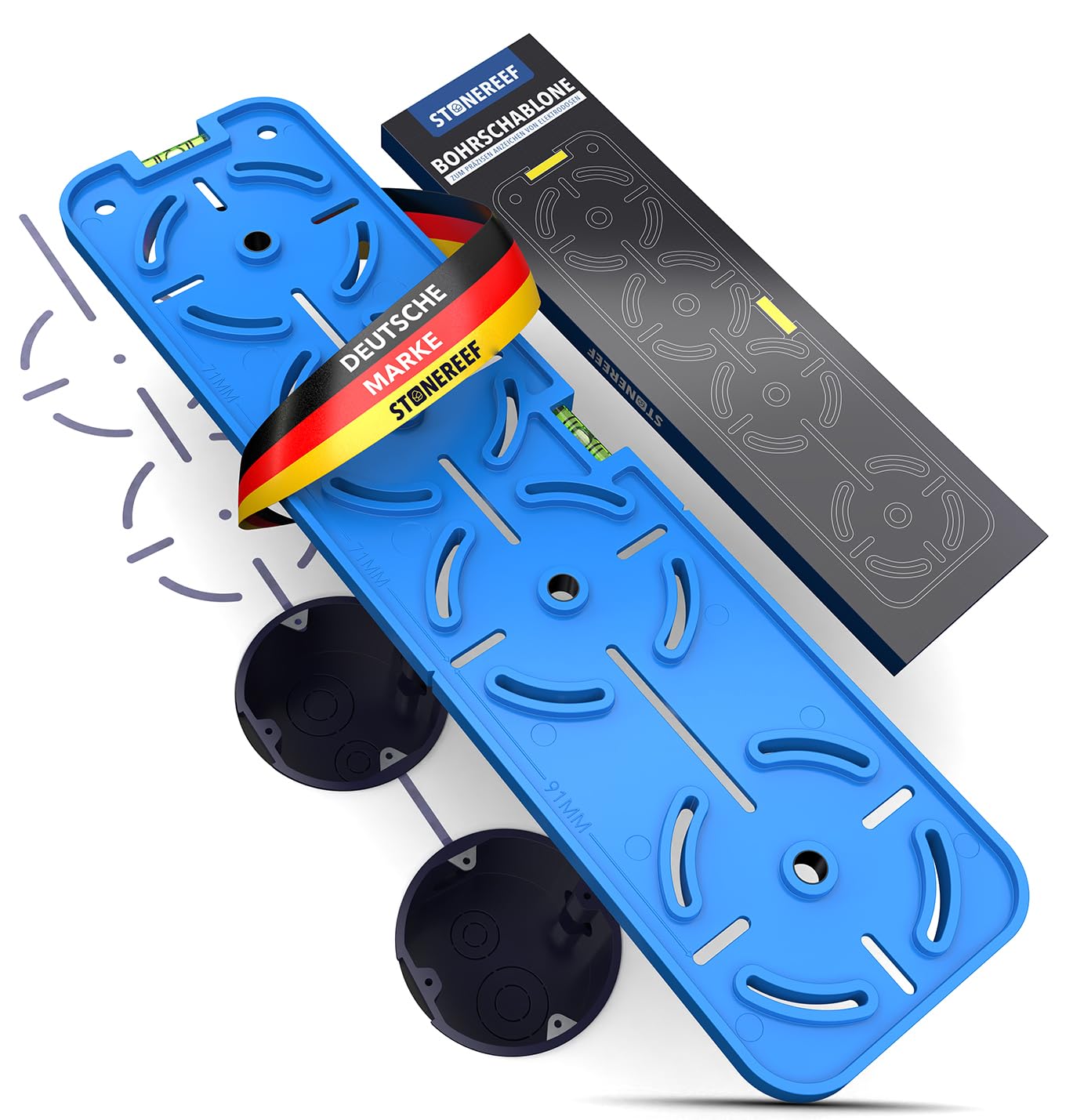 Bohrschablone 71mm 91mm – Libelle vertikal horizontal – 4-Loch-Markierung – für Hohlwanddosen Unterputz Steckdosen Schaltermontage