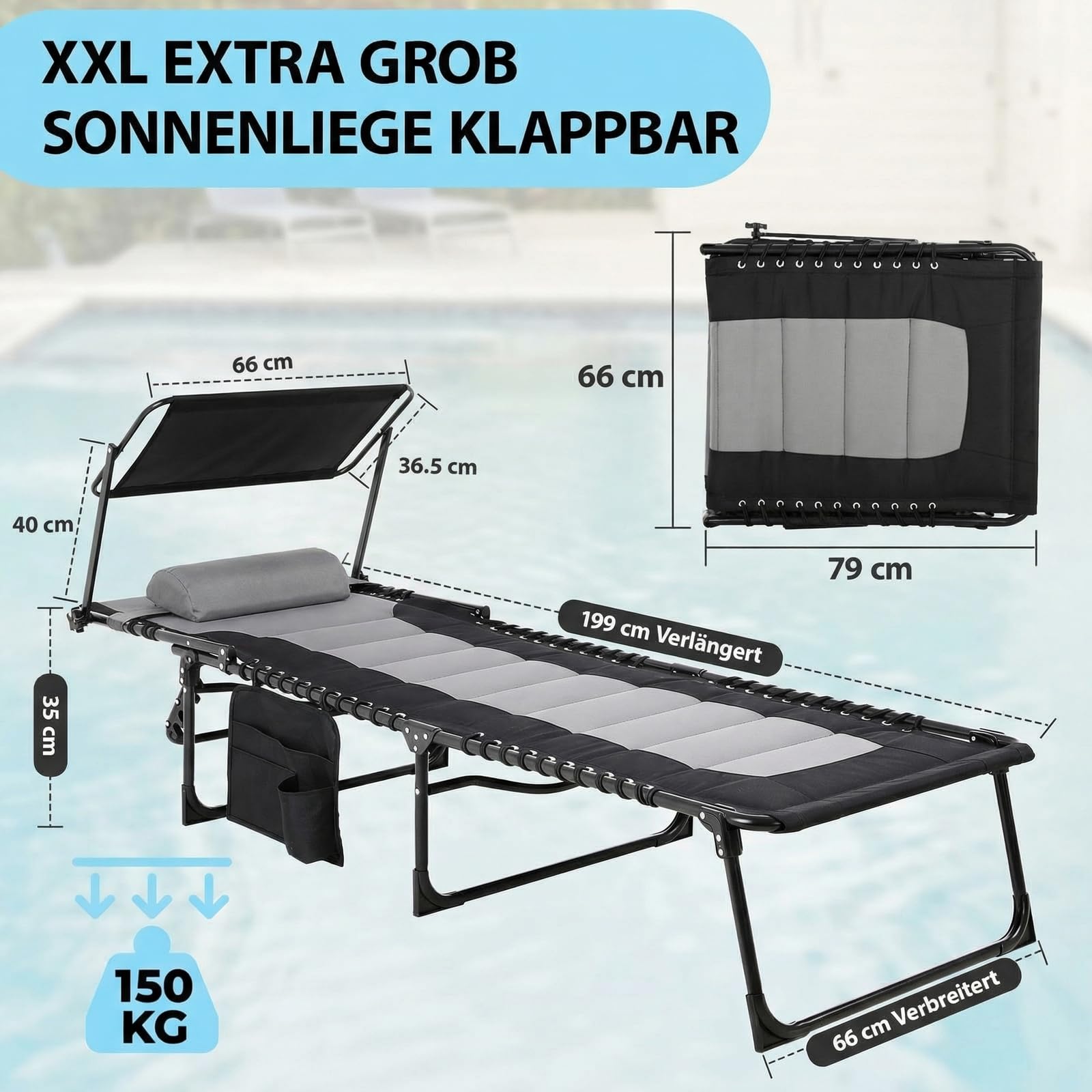Clevich XXL Sonnenliege klappbar mit Dach, 199 × 66 cm extra breit, gepolstert, Liegestuhl verstellbar mit 5 Rückenlehnen und 2 Beinpositionen, bis 150 kg belastbar, für Pool, Garten, Balkon