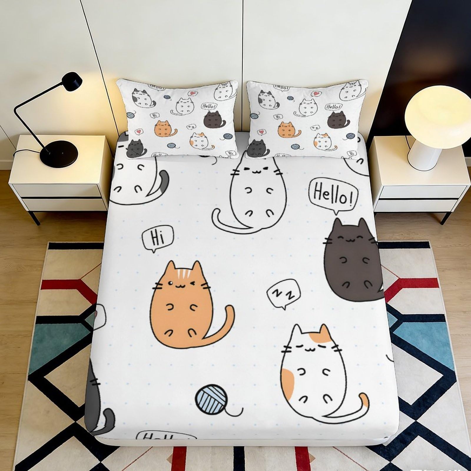 3D Printed Cartoon Cat Fitted Sheet Microfiber Soft Breathable Cute Kitten Bed Cover for Bedroom Guest Room Decor 90x200x25cm