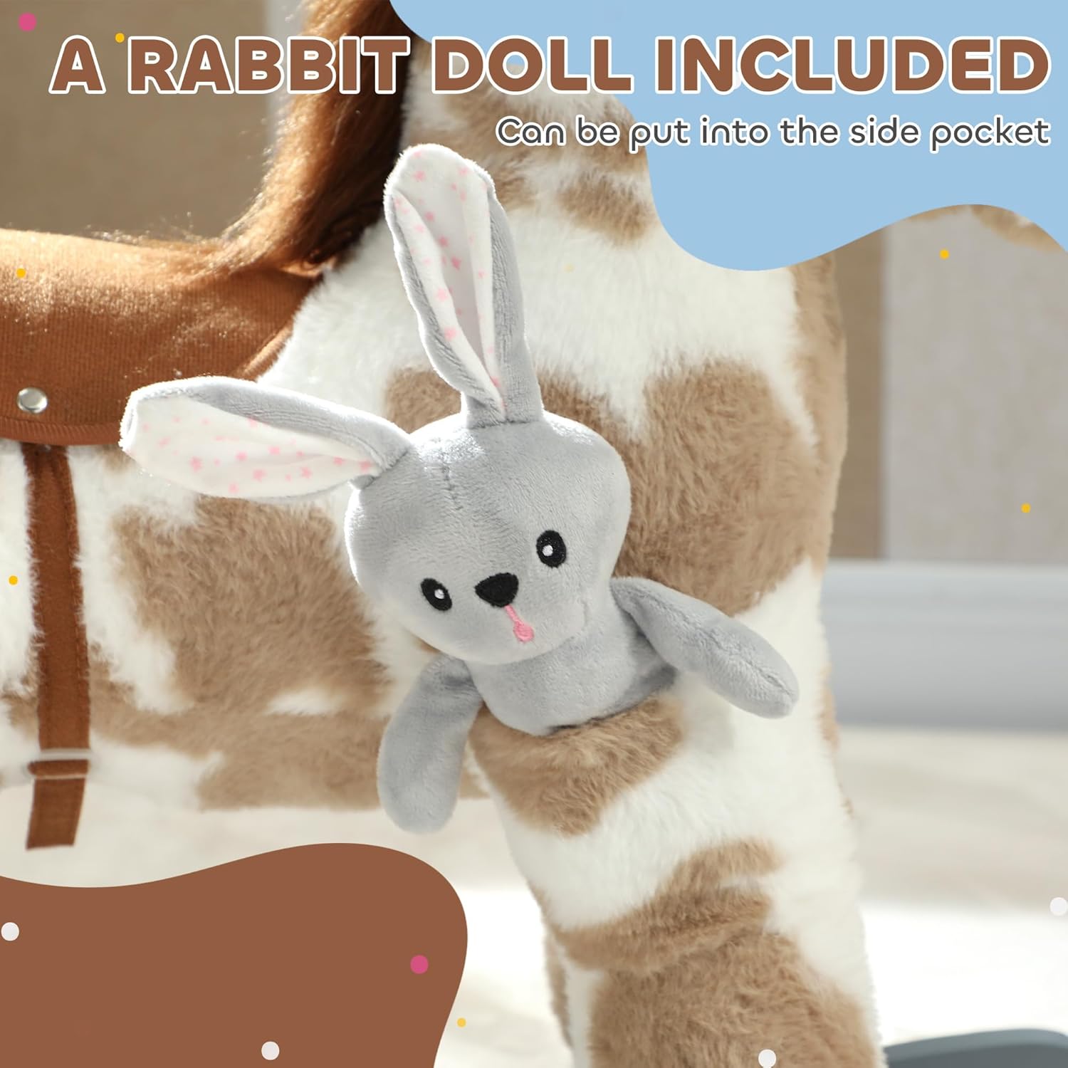 Qaba Rocking Horse, Kids Plush Animal Rocker with Realistic Neighing Sound for Toddlers 2–5 Years Old, Soft Filling Ride on Horse with Rabbit Toy, Light Brown