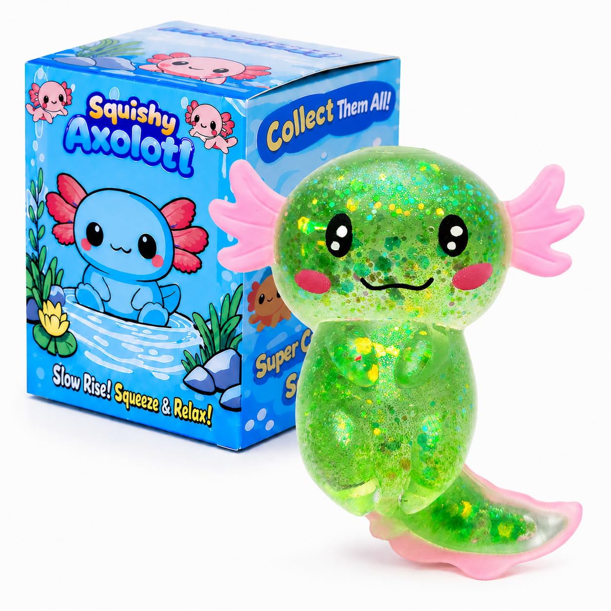 Axolotl Squishy Stress Ball, Soft TPR Slow Rising Squeeze Toy, Cute Axolotl Fidget Toy for Stress Relief, Anxiety Calming Sensory Toy for Kids Adults(Green Long tail Axolotl)