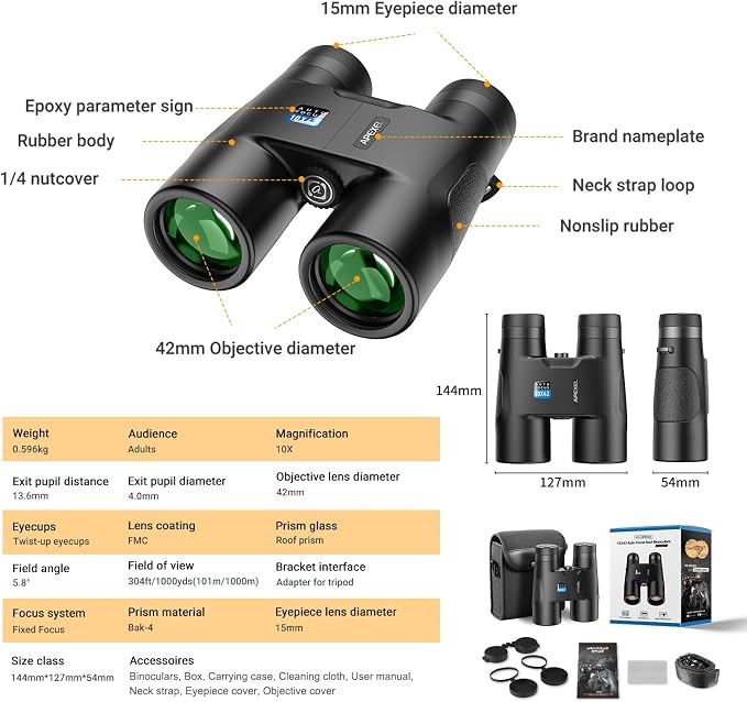 Binoculares HD 10x42 con enfoque fijo y prisma BAK-9 miniatura 6