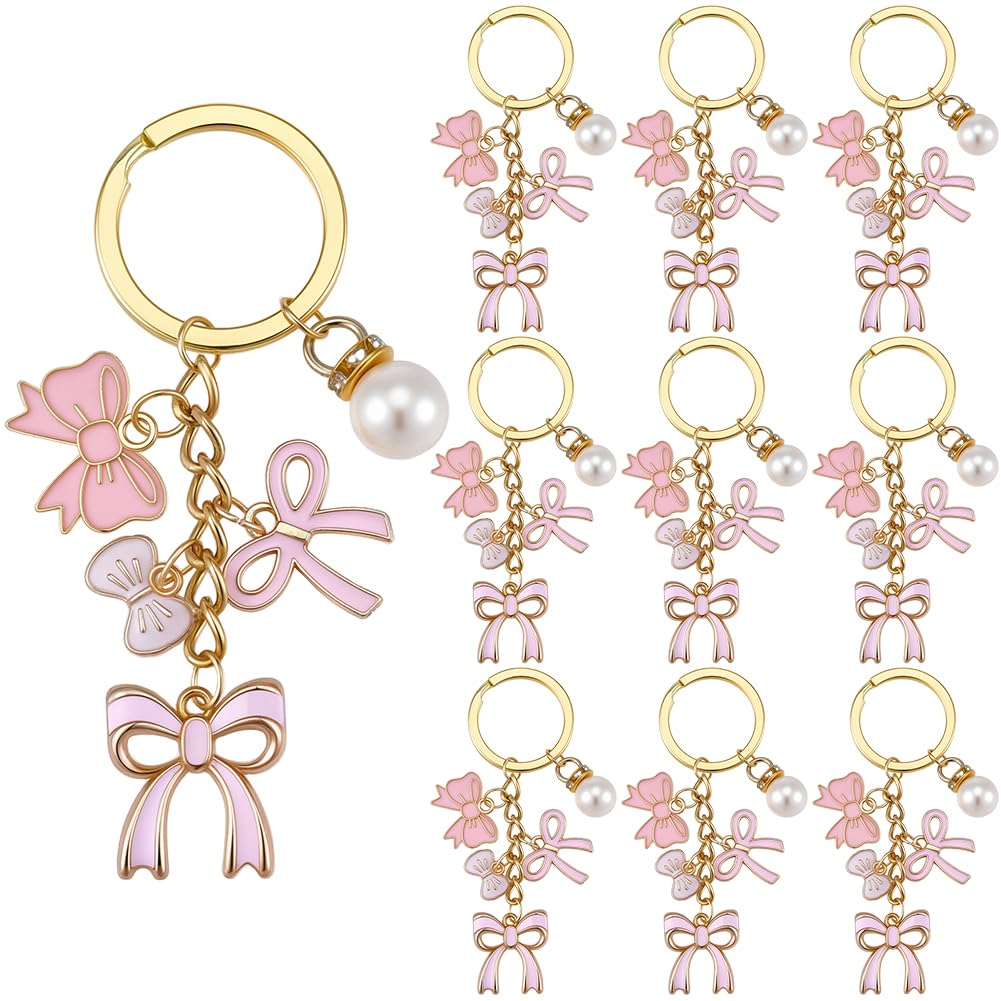 Porte-clés nœud papillon rose en alliage émaillé et perles, finition haut de gamme