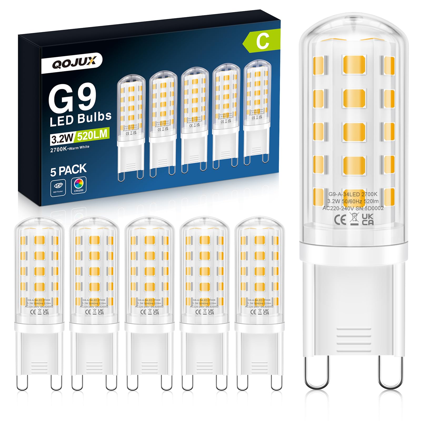 QOJUX G9 LED Warmweiß 3.2W, 520LM Energieeffizienzklasse C LED Leuchtmittel Ersatz für 40W-50W Halogenlampe, 2700K G9 Glühbirne Kein Flackern, Nicht Dimmbar, Enegiesparende Kleine Birne 5er Pack